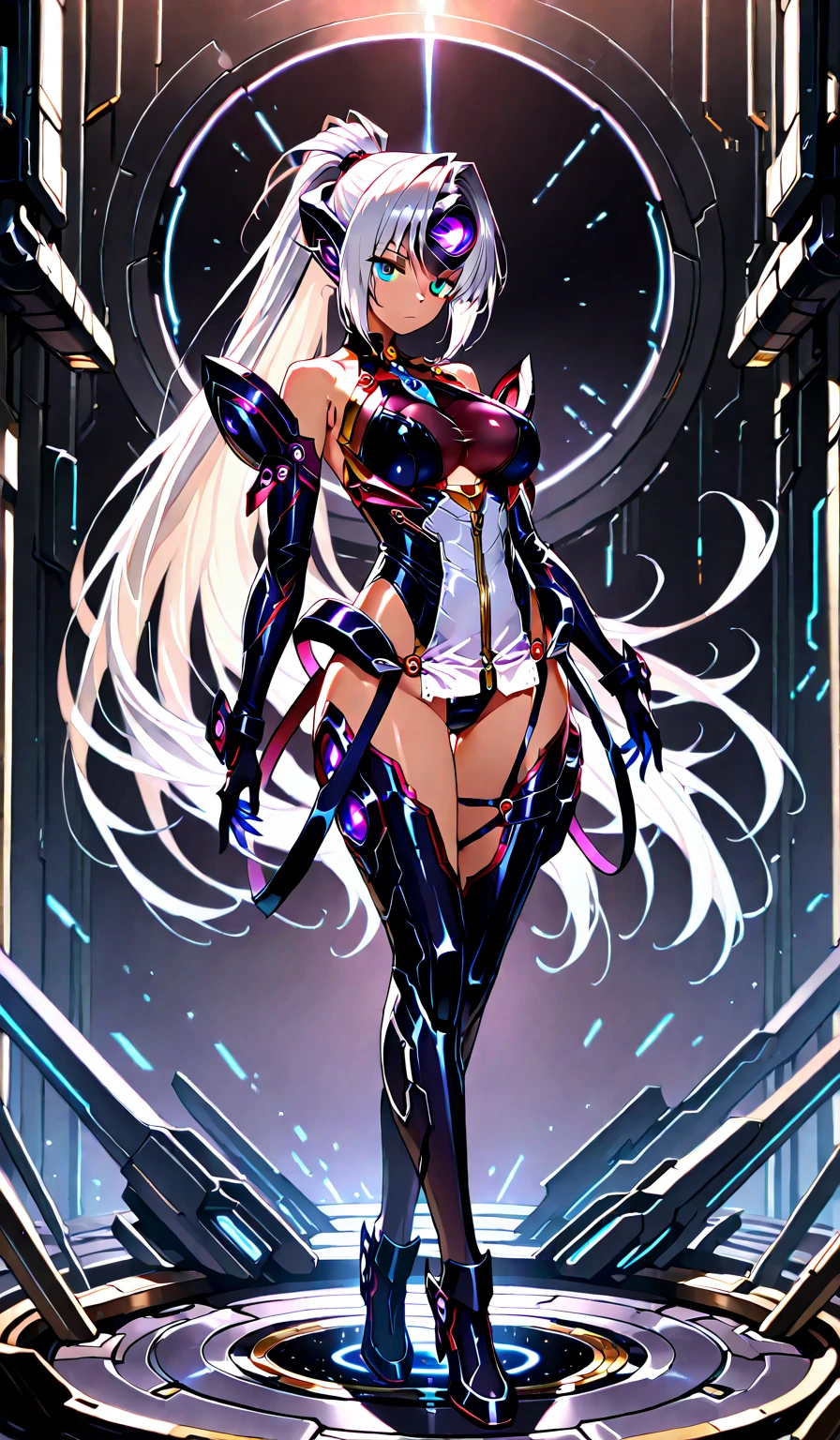 A captivating and dynamic animated illustration of Vanna Electra, a seductive yet deadly cyborg femme fatale. She stands confidently, one hand wielding a powerful arm cannon and the other holding a flag symbolizing robot liberation. Her striking appearance features metallic elements and glowing highlights, reflecting her cyborg nature. Vanna's design masterfully blends the styles of Jim Lee, Rob Liefield, and Marvel's cinematic universe, with an anime influence that adds vibrant conceptual elements. The background showcases a futuristic, dystopian cityscape with neon lights, evoking urgency and intensity. The illustration is a true visual masterpiece, combining various art styles to create a dynamic and immersive experience., vibrant, illustration, anime, conceptual art, cinematic