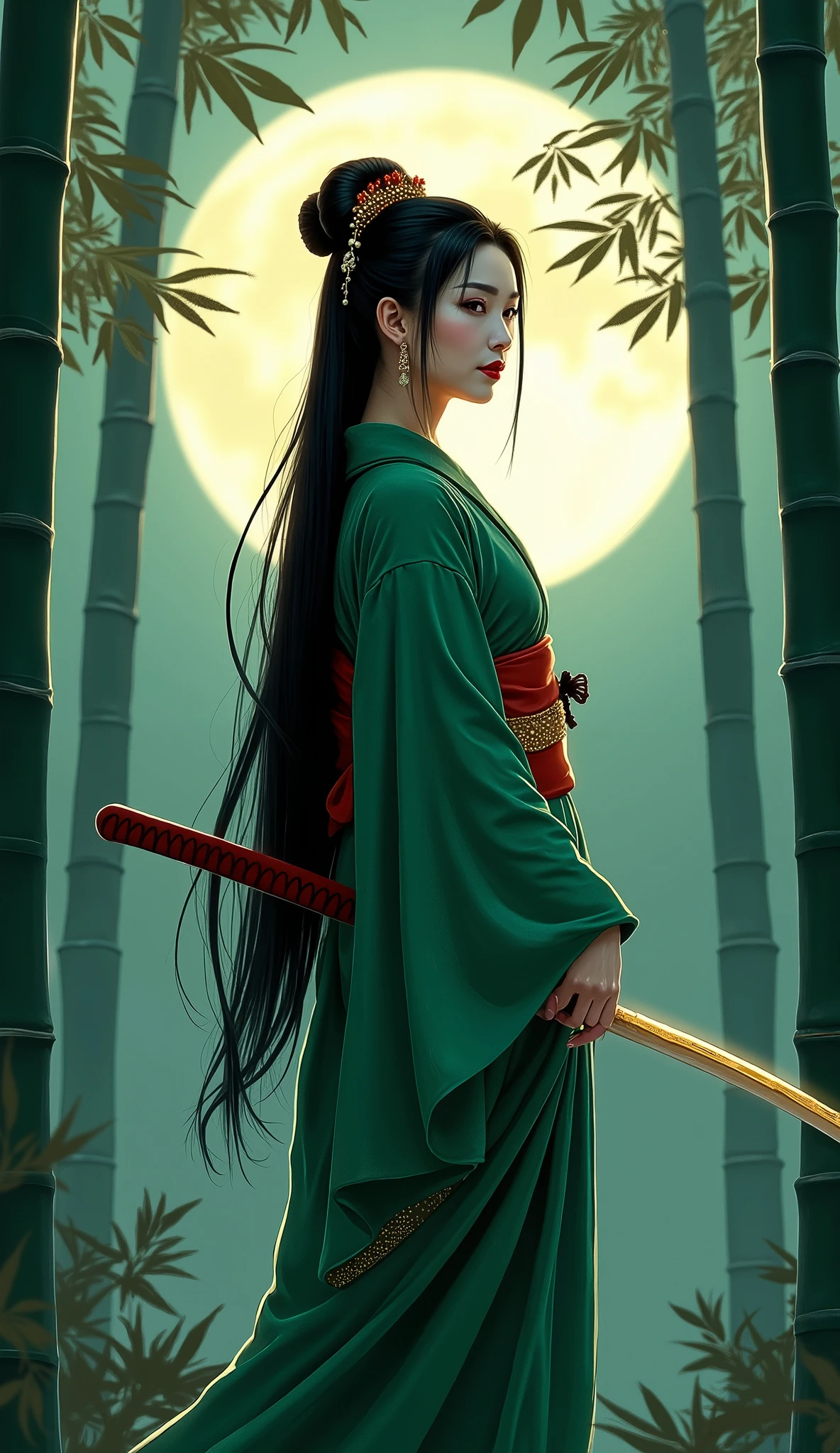 Green kimono geisha, wielding katana, long black hair, full moon, bambop forest
