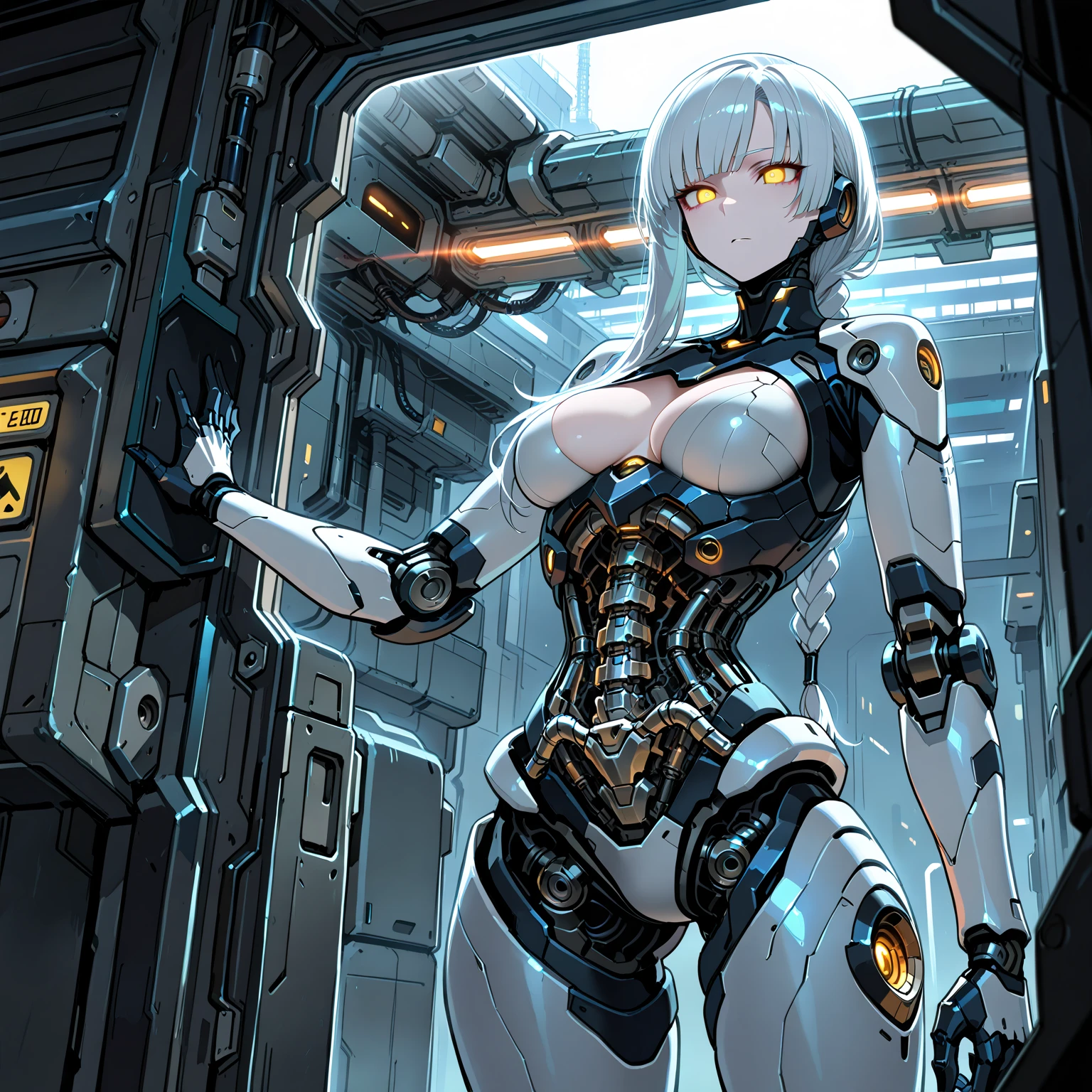 ((highest quality)),(ultra high resolution),(Super detailed),(detailed description),((best CG)),(best work of art),super precision art,amazing drawing art,(Sci-fi art with precise details:1.5), (female cyborg:1.6),(A meticulously detailed, fully mechanical body:1.5),cylinder,Actuator,((transparent parts:1.8)),Precision circuit, Through the power of science she gained new powers.