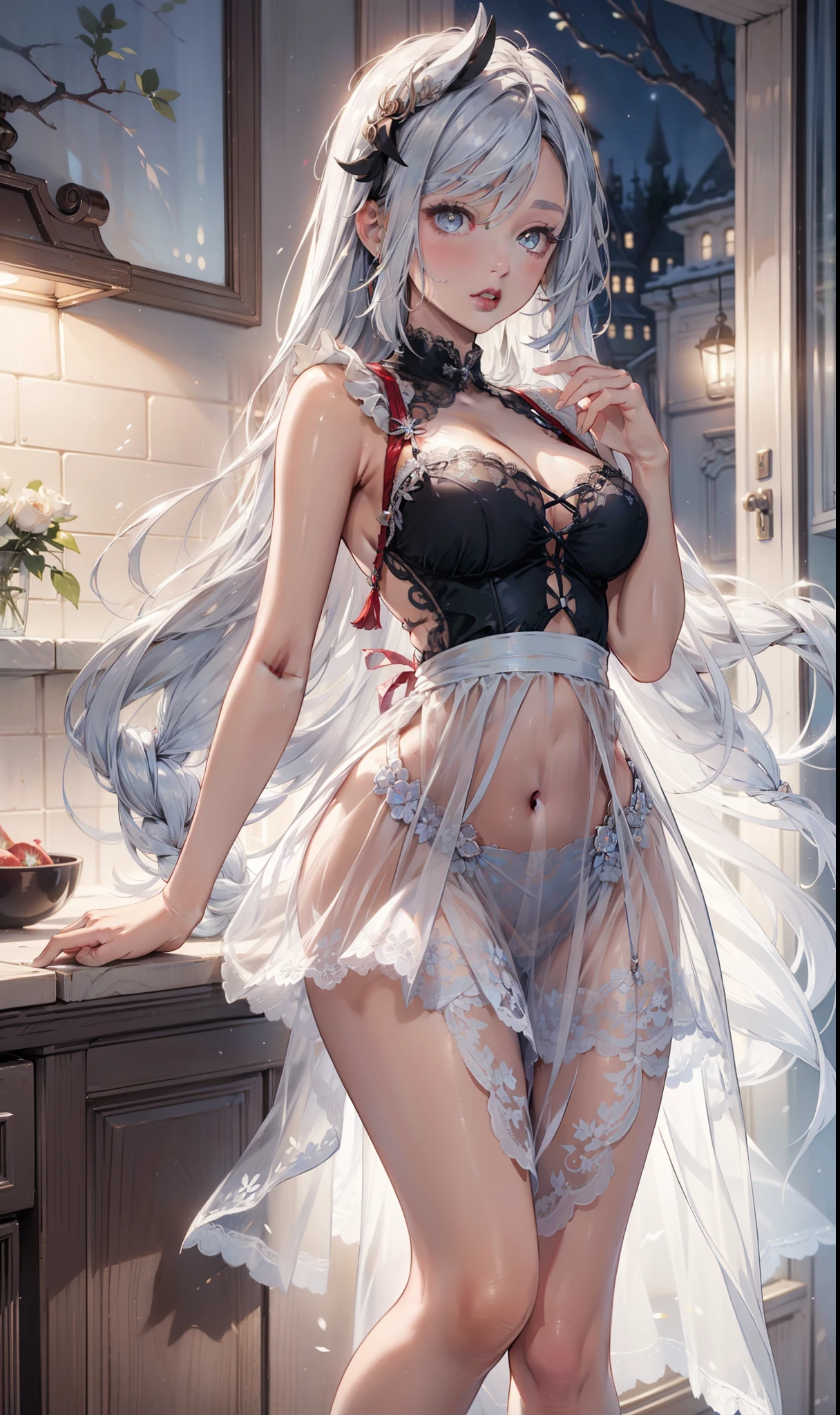 from behind,highres,(best quality),incredibly detailed,natural lighting,kitchen,1girl,sexy pose,(highly detailed face),looking over shoulder,Emilia re:zero, purple eyes, Emilia, crown braid, x hair ornament, flower hair ornament, white hair, long hair, medium breasts,,silver hair,long ponytail,standing,long shirt,see-through,medium breasts,perky breasts,covered,,(black and purple lace panties),,detailed eyes, detailed hands, detailed face, drops of water, drops, full body, elf woma