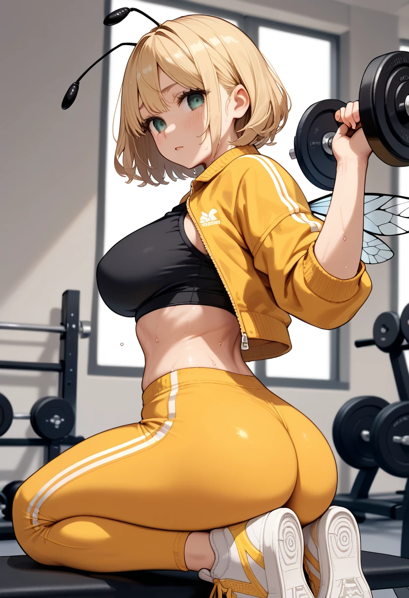 1 girl, blonde hair, yellow legging pants, big ass, , big ,, cameltoe, gym, tight body clothing, HD high definition detailed realistic, 3d
