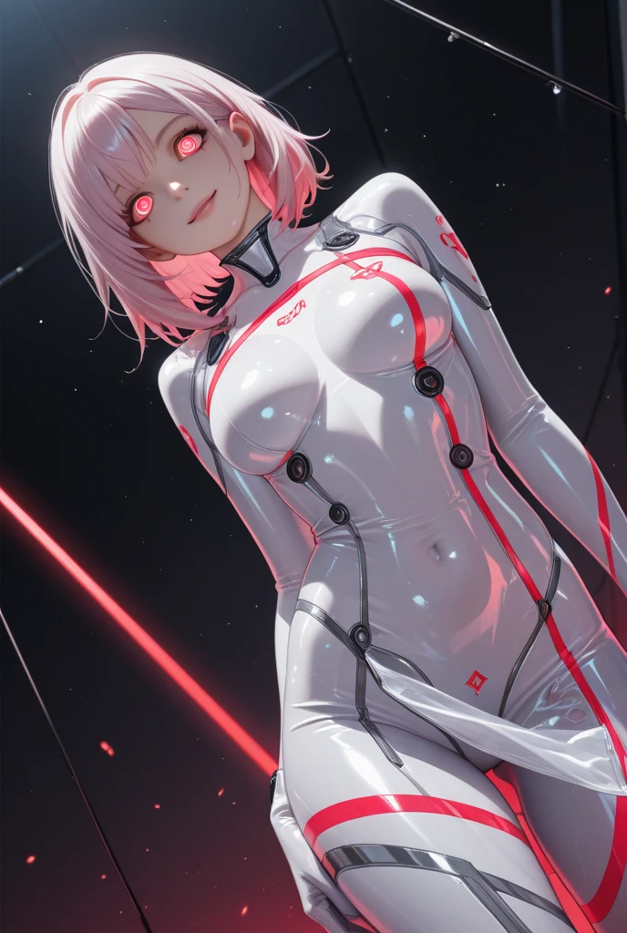 (masterpiece, best quality:1.3), 8k, official art, raw photo, absurdres, cyber, girl, (white hair, shiny white body suit, lines on body, slender:1.4), sleeveless, arch back, spread legs, cowboy shot, sitting, thighs, ((glow:1.8)), (thick pink liquid dripping from body:1.5), pink bracelet, sharp focus, highres, ultra detailed, finely detail, extremely detailed, detailed eyes and face, sharp pupils, realistic pupils, simple background, black background, yellow eyes
