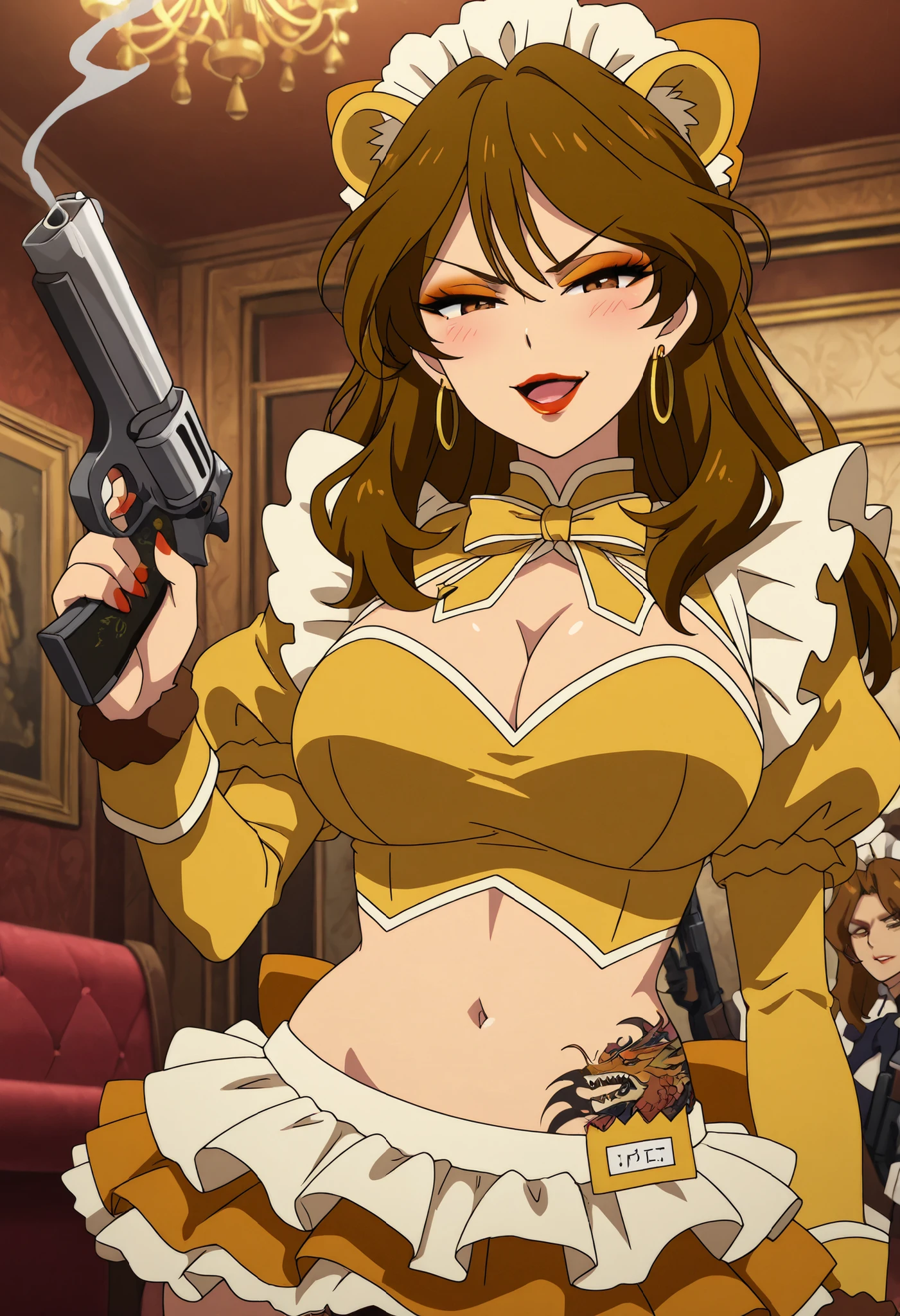 Smooth Quality,masterpiece,very intricate, high quality details, ultra realistic, high detailed skin,detailed enviorement,absurdres,
  lion_cnr, 1girl,brown hair, long hair, brown eyes,   makeup, eyeshadow, lipstick , ear piercing, long hair, blush, lipstick,Hot girl, baddie, smoking, sensual, attractive , ,jewelry, earrings, complex detailed background, fancy interior environment, rich interior, masterpiece, best quality, highly detailed, a girl in maid uniforms, holding pistol, maid outfit, cleavage, , open mouth ,official artwork, (nsfw) not safe for work, beautiful maid girl, , micro skirt, exposed belly, exposed navel, exposed midriff, exposed lower belly, holding a gun,,smile, medium large breast ,looking at viewer , dragon tattoo on waist, narrowed eyes, tattoo on waist, anipai_style , anime screencap , anime coloring, v-shape eyebrows