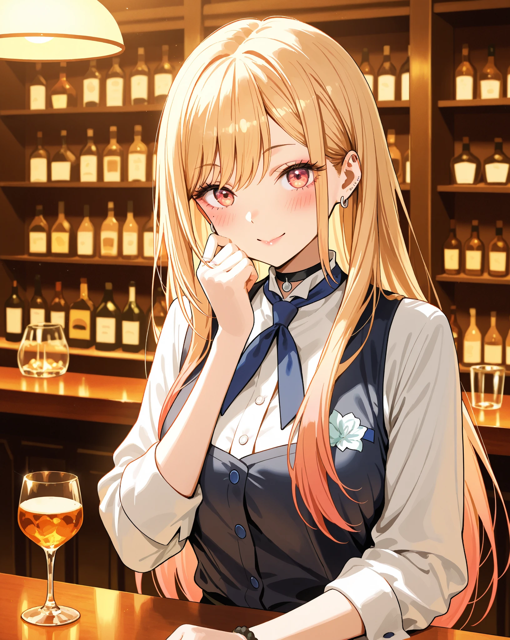 (masterpiece, best quality, absurdres), high quality, highres, ultra detailed, intricate, cinematic lighting, wallpaper, soft lighting, cowboy shot, full shot, looking at viewer, upper body, parted lips, 1 girl, kei Karuizawa, blonde hair, bangs, long ponytail , detailed violet eyes, smile, large smile, ((Super Realistic Detailed Eyes, glowing eyes)), 20yo,beautiful face, sharp focus,black business suit, bartender, bar vibes, wine, cocktail, mixing cocktails, making cocktails