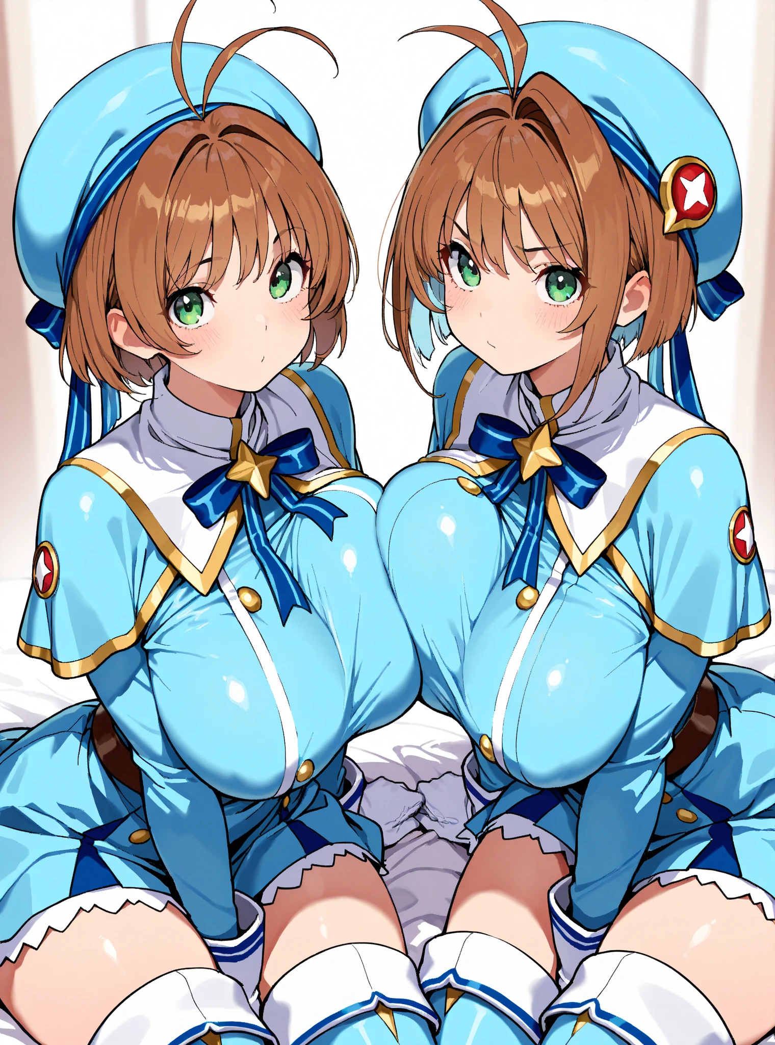 houshou marine,usada pekora,2girl,Females in heat,blush,gigantic huge breasts,looking at viewer,Taken from the viewpoint above,Lascivious expression,upturned eyes,Lined up,standing up,pink sex hotel,in room