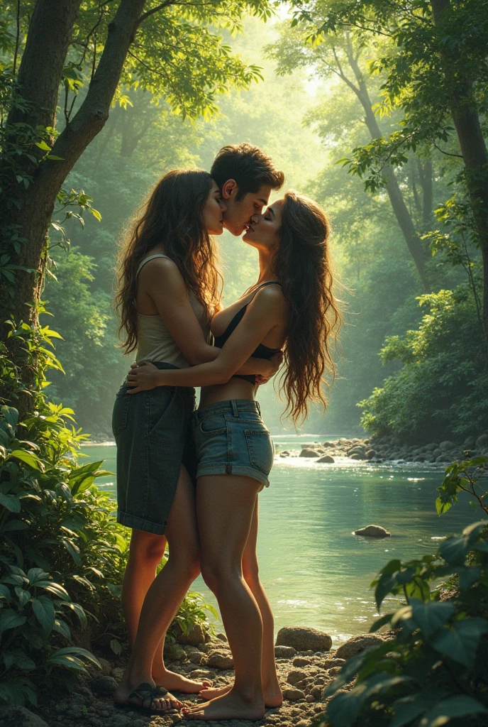 heterosexual couple of 11-year-old heterosexual agers (the same height), slender and naked, hugging and kissing each other on the mouth. face to face in a forest of ferns and thin grassy soil. emphasize heterosexual couples. It must be a boy with a penis and a girl with a vagina. the girl should be hugging the boy tightly and the girl should have her arms around the boy's shoulders. the girl must have her belly against the boy's belly, the girl must have her legs against the boy's legs and they must face each other. They must be barefoot and in a savannah with a waterfall in the background of the image. it must appear full-length in the image and be seen from a distance. show the entire couple from head to toe completely naked.