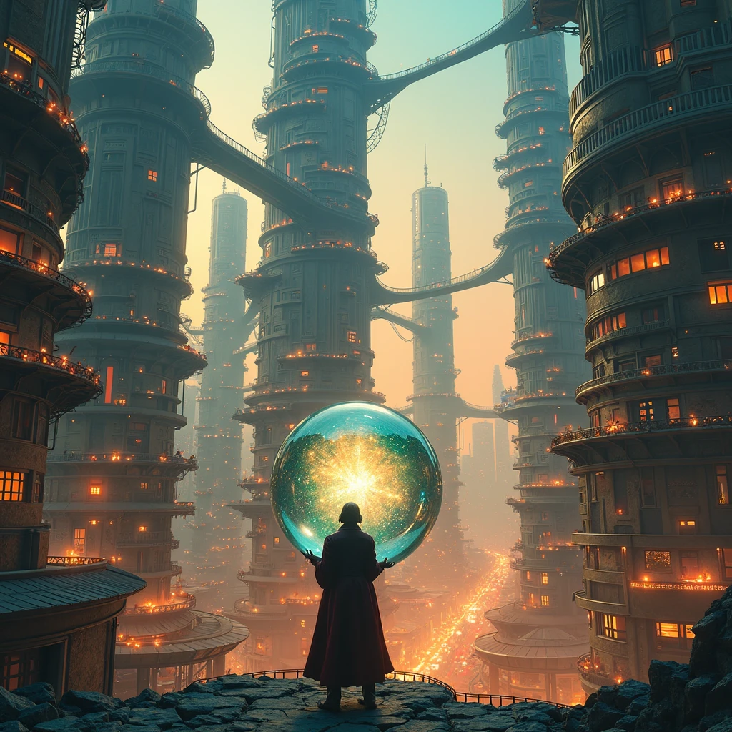 Create a futuristic cityscape at night, featuring towering skyscrapers ...