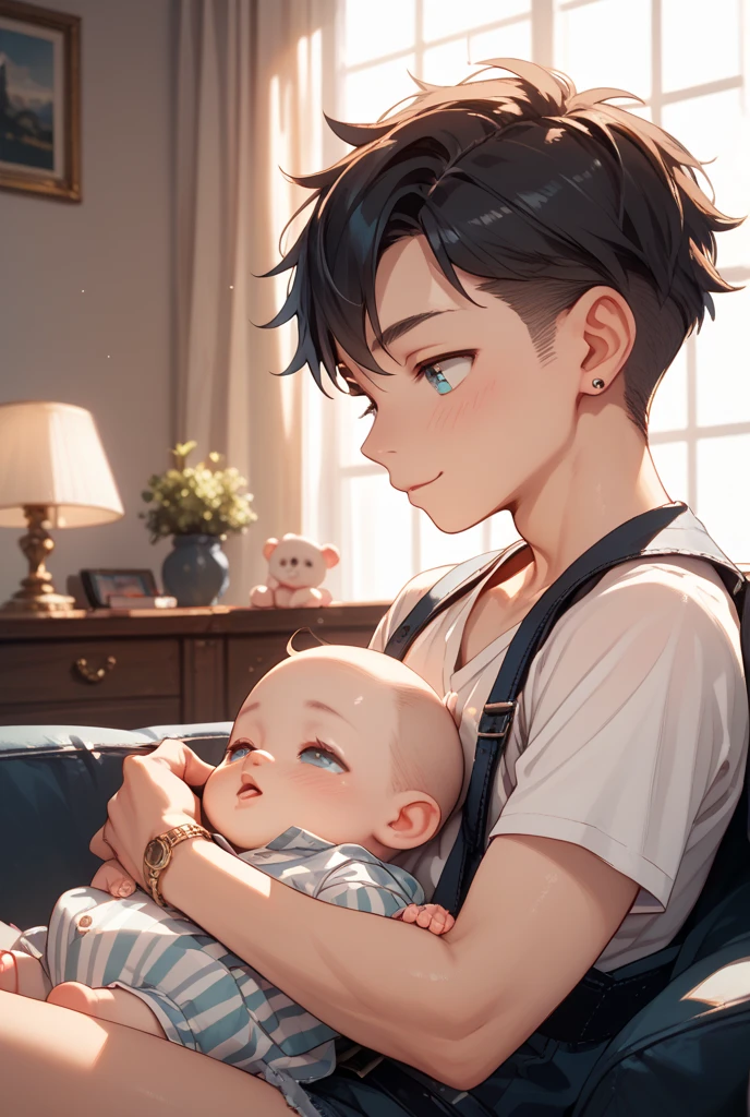baby boy, , short hair, black hair, blue eyes, detailed, cradle,