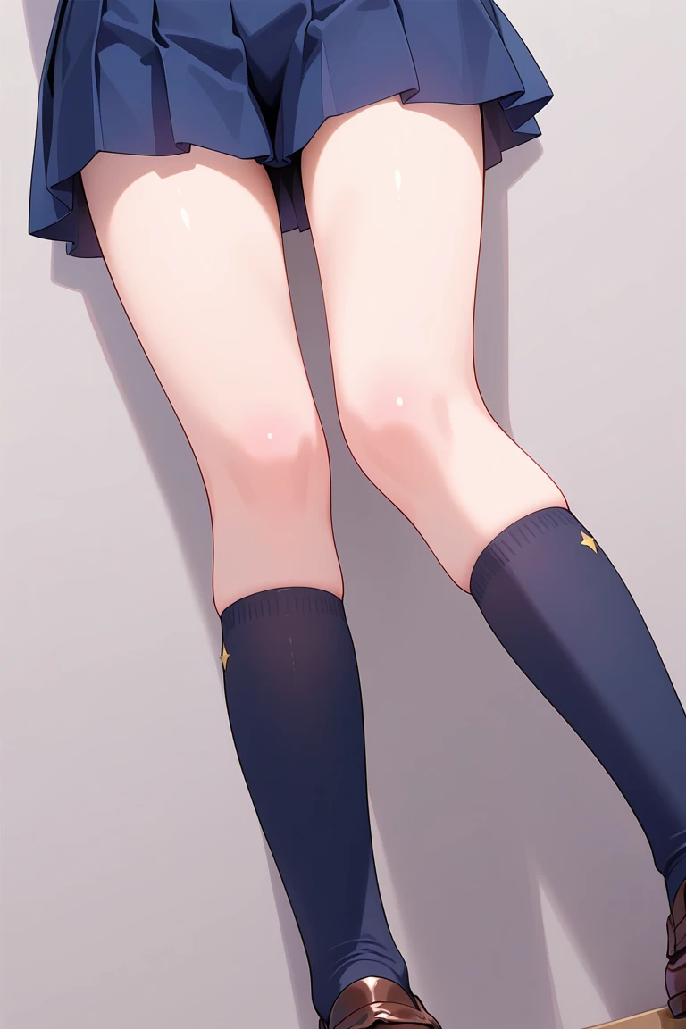 A girl left，Brown hair，Purple Eyes，Blue stripe dye，skin，Legs apart，JK，Short skirt，Stockings，Sitting，Legs apart，Briefs，Legs open