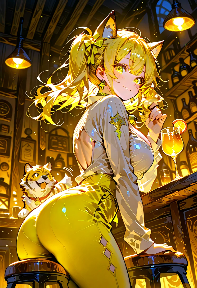 Young girl, cinnamon hair in two buns, yellow eyes, Chinese sleeveless dress, shorts, tiger tail, smile, open chest, masterpiece, high quality