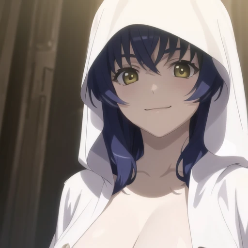 NSFW, Top-quality, Super high resolution, masterpiece, highres, 8k, UHD, detailed lighting, shaders, Anime screencap, Anime coloring, 1girl, solo, (Breast squeeze, Breast milk, Big boobs, Voluptuous, Plump, Chubby:1.5), Thick thighs, Big ass, Cleavage, Blue hair, Hair between eyes, Bangs, Yellow eyes, Eyes are glowing, Beautiful eyes, Eyelashes, Beautiful eyes, White hood, White cloak, Open clothes, Ultimate beautiful girl, Ultimate beautiful face, Proportioned face, Lips, Parted lips, Cowboy shot, Fullbody, Looking at viewer, (Blush, Smirk:1.2), (Close-up upperbody:1.5)