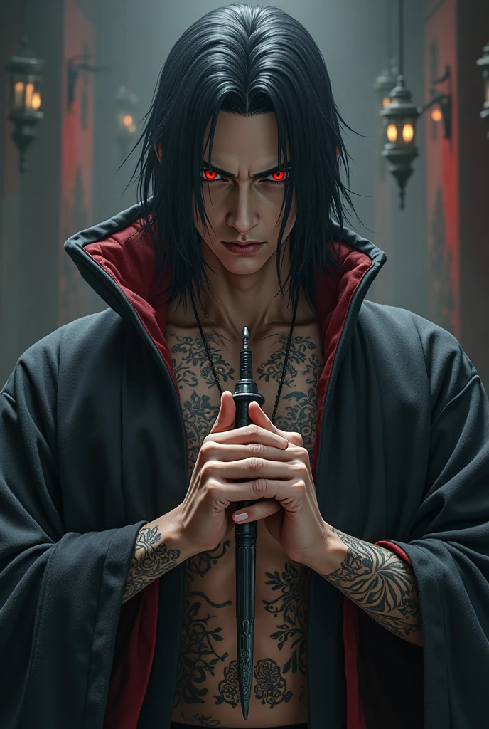 "1man,itachi,realistic,with black hair styled in a middle part, red eyes, wearing a black robe, ultra detail"