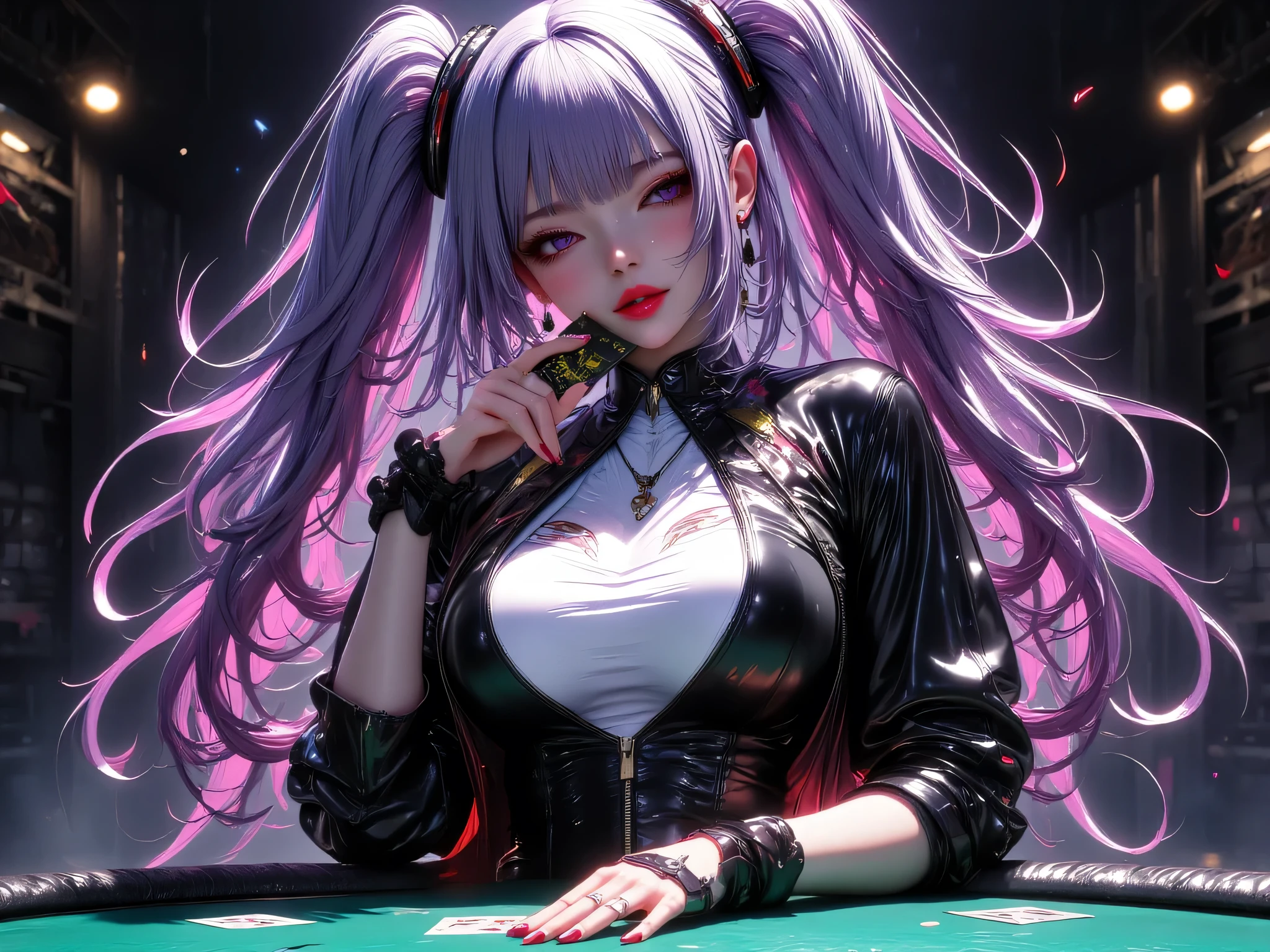 of the highest quality, High resolution, The perfect human structure, Background Focus, Front view, Purple hair, Glowing hair, Cat ears, french braids, Crazy eyes, trump cosplay, PlayingCards,