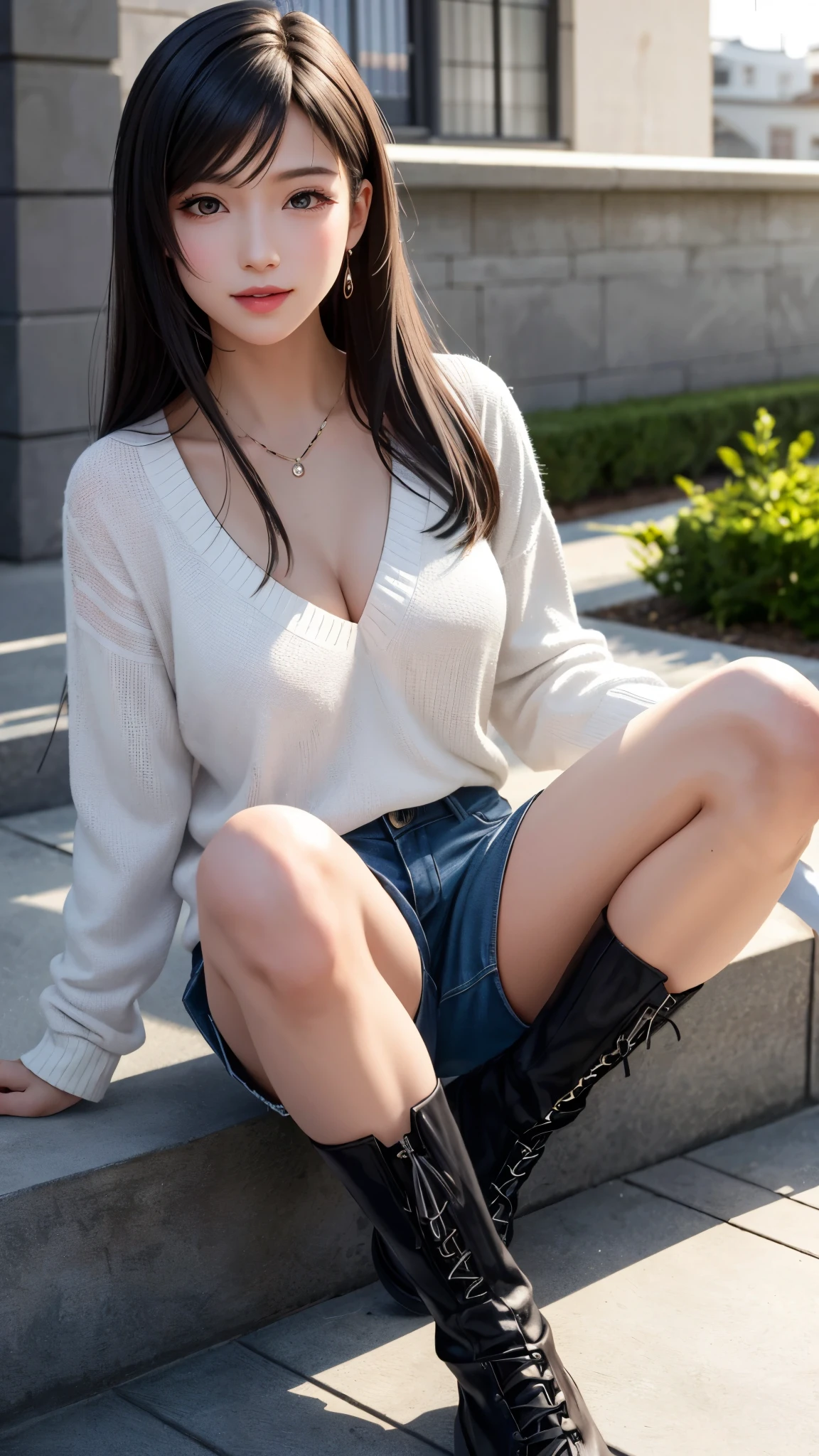 (Top resolution, Distinct_image) 、(Beautiful girl with golden ratio face)、excellent, masutepiece, high detailing, lipgloss、Very pretty girl、 Solo, Beautiful girl like a model、Smile、Uniformed women, Black stockings,abdominals、Transverse breasts、White panty、Very small breasts、a miniskirt、Lift up the skirt、small tits、courtyard、coffee clerk