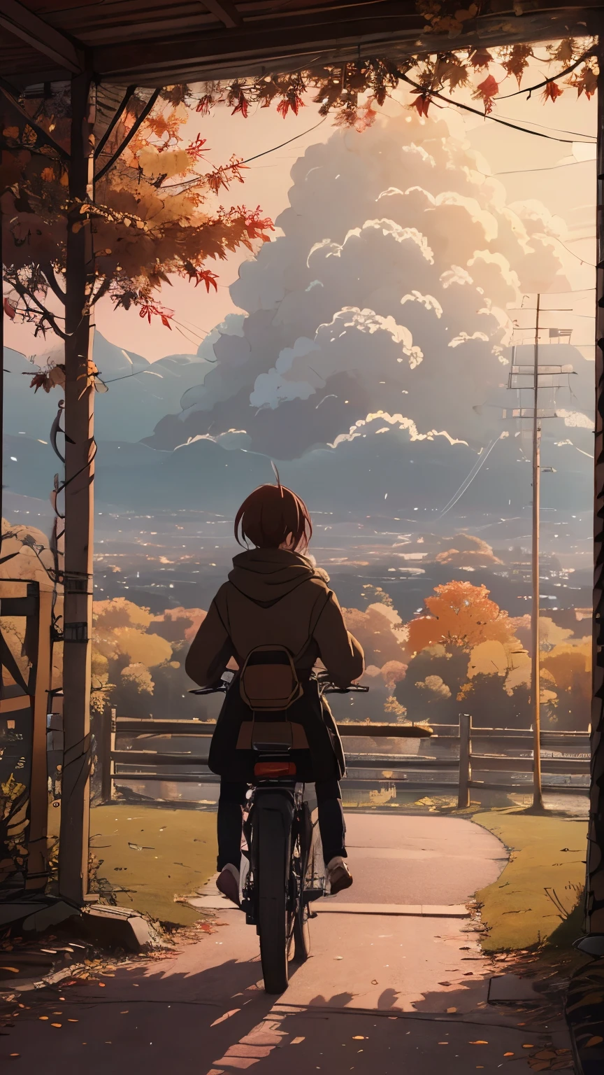 A warm lofi anime-style illustration of a person riding a bicycle slowly through a quiet tree-lined path during autumn. Orange and red leaves fall gently around them, with a soft breeze in the air and a cloudy grey sky above. The scene is filled with warm tones—burnt orange, amber, sepia, and brown. The character is thoughtful, perhaps lost in memories. Slight motion blur on leaves, cozy scarf fluttering, peaceful and nostalgic atmosphere.