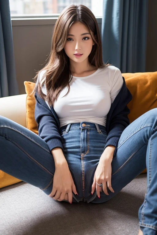 (best quality, 8k, photorealistic:1.5),(beautiful Japanese girl),(one person photo:1.3),(solo),(one girl:1.5),(1 photo),(Front view photo),(shiny skin),(light brown hair color),(long hair),(Bend legs and open thighs),(sitting on the sofa),(big beady eyes),(droopy eyes),(impressive eyes),(cute girl),(stretch back),(open legs firmly),(healthy body),(pinup model photography),(pinup girl photography),(smile:1.3),(Navel is visible),(white open collar polo shirt),(Super tight jeans),(first girlfriend),(friendly)