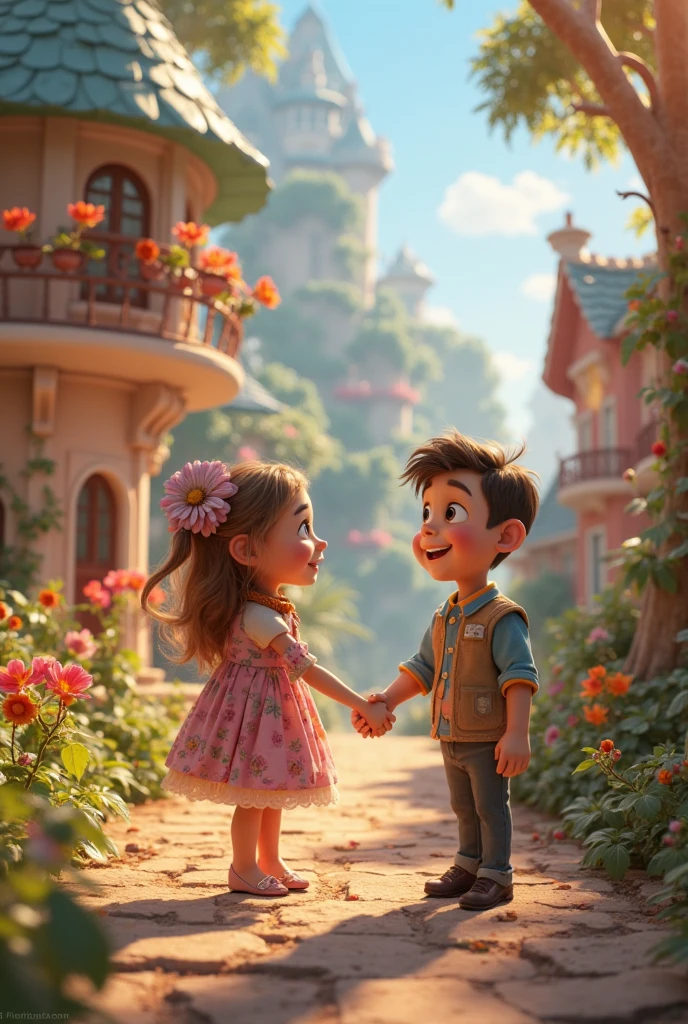 A kid giving a poor boy a cup of milk on the door of her home, pixar style, cinematic, masterpiece, high-aesthetic, realistic
