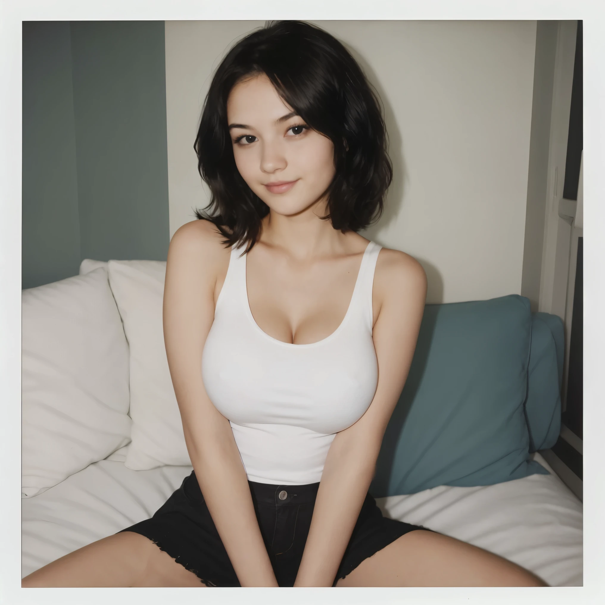 polaroid, fujifilm-instax-mini-v1beta, portrait, cute girl, wavy black hair, shy smirk, tanktop, big breasts, brunette skin, looking at viewer