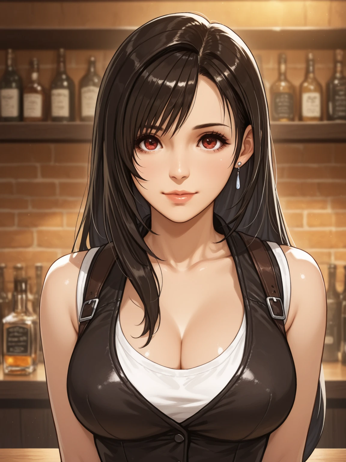 (GeGe:1.5), woman, brunette, brown eyes, freckles, safe_pos, score_9, score_8_up, score_7_up, 1girl, solo, illustration of a busty (GeGe) behind a bar counter serving a beer, in a cozy bar, wearing a short white tank top, suspenders, red fighting gloves. highly detailed, intricate details, best quality, masterpiece, 4k resolution, anime, art, low light, night. looking at the viewer, facing the viewer, eye contact, expressive look