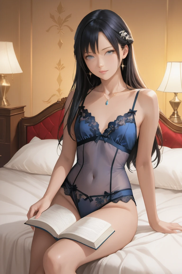 ((Biologically correct limb count))、((Full Body Shot, Full-body photo including face、Head to toe photos))、4K、masterpiece、((Focus on the face))、((Symmetrical facial features))、Eyes of meticulous depiction、One beautiful woman、Excellent style、((Panties and bras、Garter belt and garter stockings、(High heels)))、Detailed Description、Small earrings、necklace、High angle、Looking up、Her dark blue wedding dress is open and her panties are showing.、(((足のBook数は2Book)))、Hands clasped