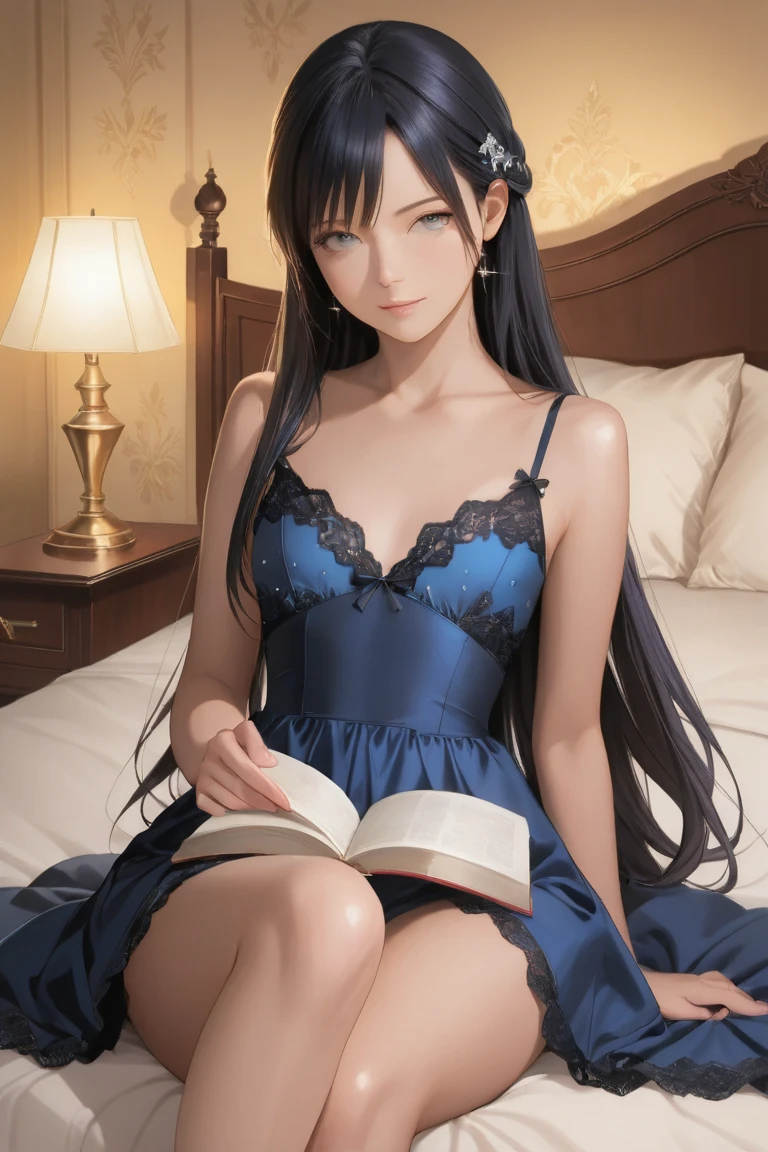 ((Biologically correct limb count))、((Full Body Shot, Full-body photo including face、Head to toe photos))、4K、masterpiece、((Focus on the face))、((Symmetrical facial features))、Eyes of meticulous depiction、One beautiful woman、Excellent style、（(Panties and bras、Garter belt and garter stockings、High heels)）、Detailed Description、Small earrings、necklace、High angle、Looking up、Her dark blue wedding dress is open and her panties are showing.、(((足のBook数は２Book)))