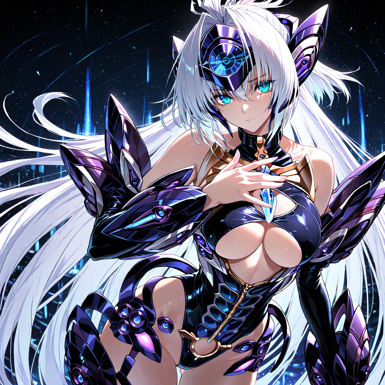 (masterpiece, best quality, ultra-detailed, best shadow), (detailed background,dark fantasy), (beautiful detailed face), high contrast, (best illumination, an extremely delicate and beautiful), ((cinematic light)), colorful, hyper detail, dramatic light, intricate details, (1lady, mature woman, solo, very long hair, top and single side braids, White hair, sharp face, blue eyes eyes, hair between eyes,dynamic angle), blood splatter, swirling black light around the character, depth of field,black light particles,(broken glass),magic circle, earrings