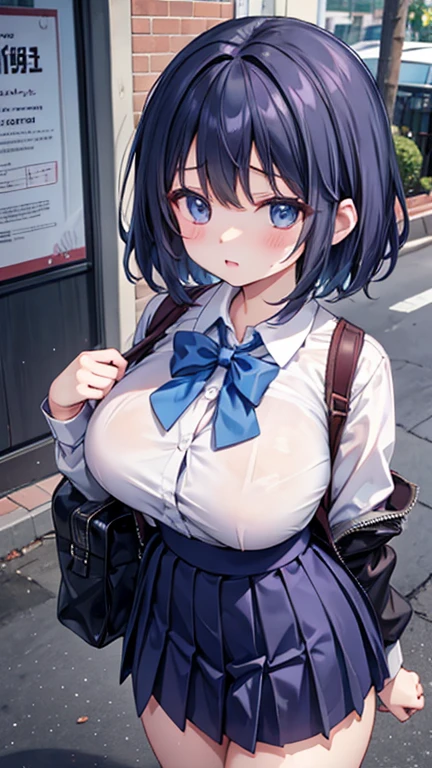 ((top-quality、8K、​masterpiece:1.3))、女の子1人、In a town where many people walk、Slender Abs、sofas、hyperdetailed face、A detailed eye、二重まぶた、非常にlarge full breasts、large full breasts、Colossal tits、Neat and clean schoolgirl、black hair shorthair、Straight bob hair、Shorthair with bangs、A smile、Schoolgirl Uniform、Low female genitals visible through the skirt、An 18-year-old woman、Sheer white shirt、Unbutton and unfold the shirt、Exposing breasts、Navy blue ribbon at the collar、Dark blue pleated micro mini、Sexy、Peek at the viewer、Beautiful graphics、Bright and sunny main street、There are a lot of people、Show me your whole body、beautiful legal body photos、is standing、No bra、teats see through、The shape of your nipples is noticeable even under your shirt.、No panties、No panties、Detailed female genital shape pantyhose missing、(Facing the front)(((Blushing cheeks、embarassed expression)),(((The skirt is rolled up by the wind)))、Showing female genitalia、、Background depth of field、Please choose one&#39;skirt in the crowd、Men behind、Grabbed by a man、Chest grabbing、Dirty crest on the abdomen、pink sexy tattoo on abdomen、open open mouth、Stick out the tongue、ahe face、peeing herself