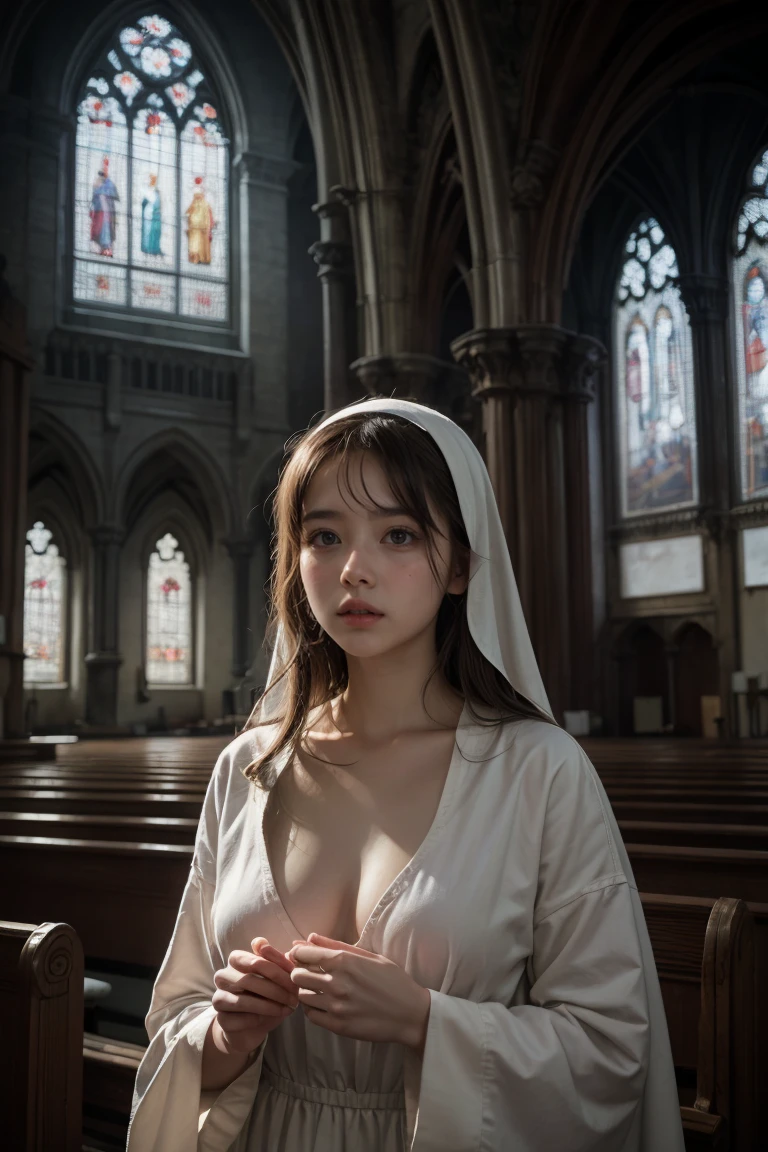 A young and very beautiful nun、(((Close ~ eyes:1.7)))、Face the viewer、Kneeling pose、At the altar of the chapel、(Open your mouth wide:1.75)、Shot from above、cr1r3、lora:Mary_N_RV2_150:0.7、natural breasts、
