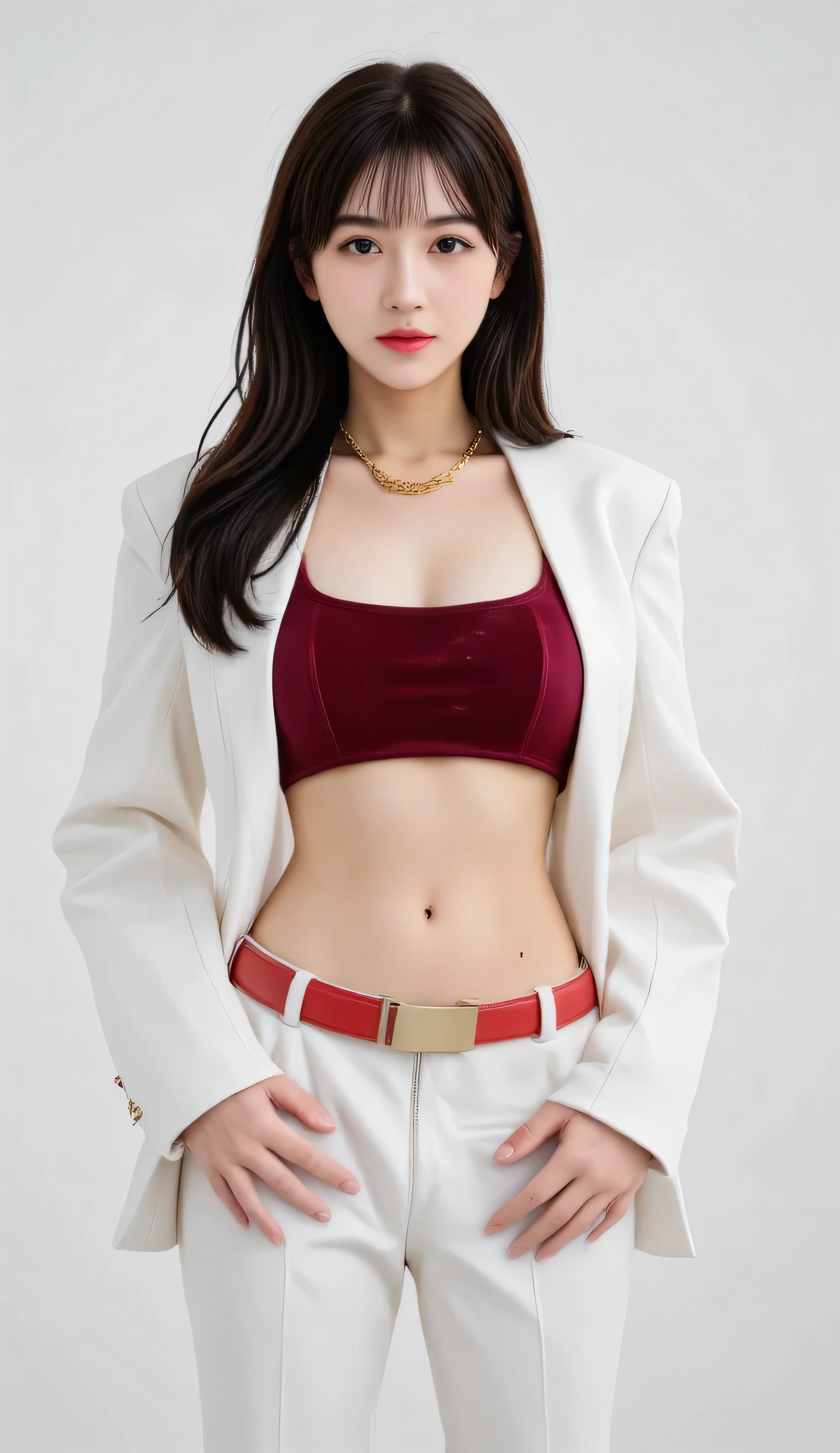 A confident, elegant young woman with a slim figure, standing in studio with white solid background , wearing a stylish outfit consisting of a deep red velvet tube top and a long white open blazer, white high-waisted wide-leg trousers, golden chain luxurious accessories wrapped around her upper body and waist, long straight black hair with bangs, posing with hands in pockets, realistic and anatomically correct hands and fingers, glamorous lighting, cinematic tone, soft shadows, masterpiece, ultra-detailed, fashion editorial style, Vogue aesthetic poses.