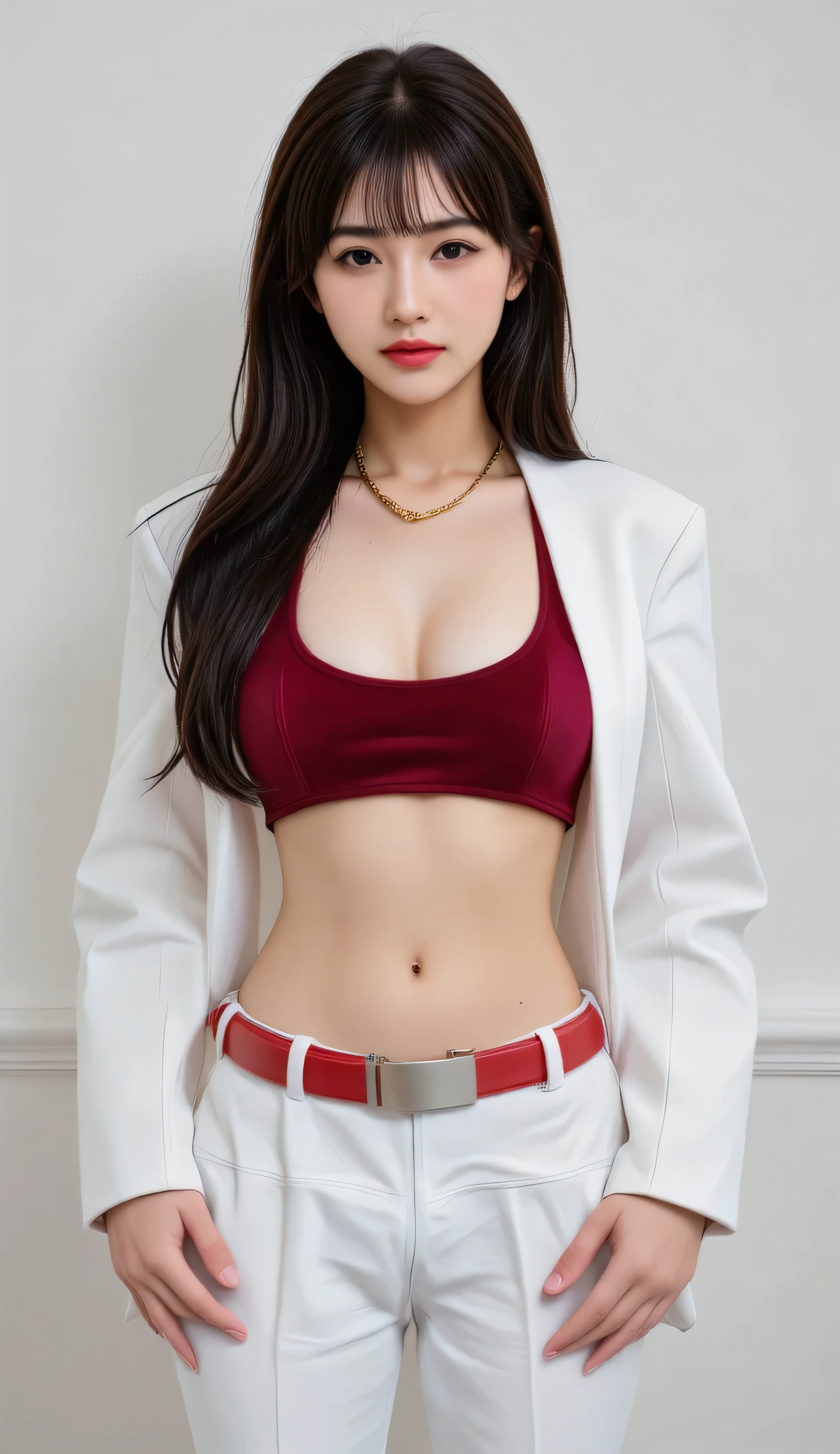 A confident, elegant young woman with a slim figure, standing in white wallpaper background, wearing a stylish outfit consisting of a deep red velvet tube top and a long white open blazer, white high-waisted wide-leg trousers, golden chain accessories wrapped around her upper body and waist, long straight black hair with bangs, posing with hands in pockets, realistic and anatomically correct hands and fingers, glamorous lighting, cinematic tone, soft shadows, masterpiece, ultra-detailed, fashion editorial style, Vogue aesthetic.