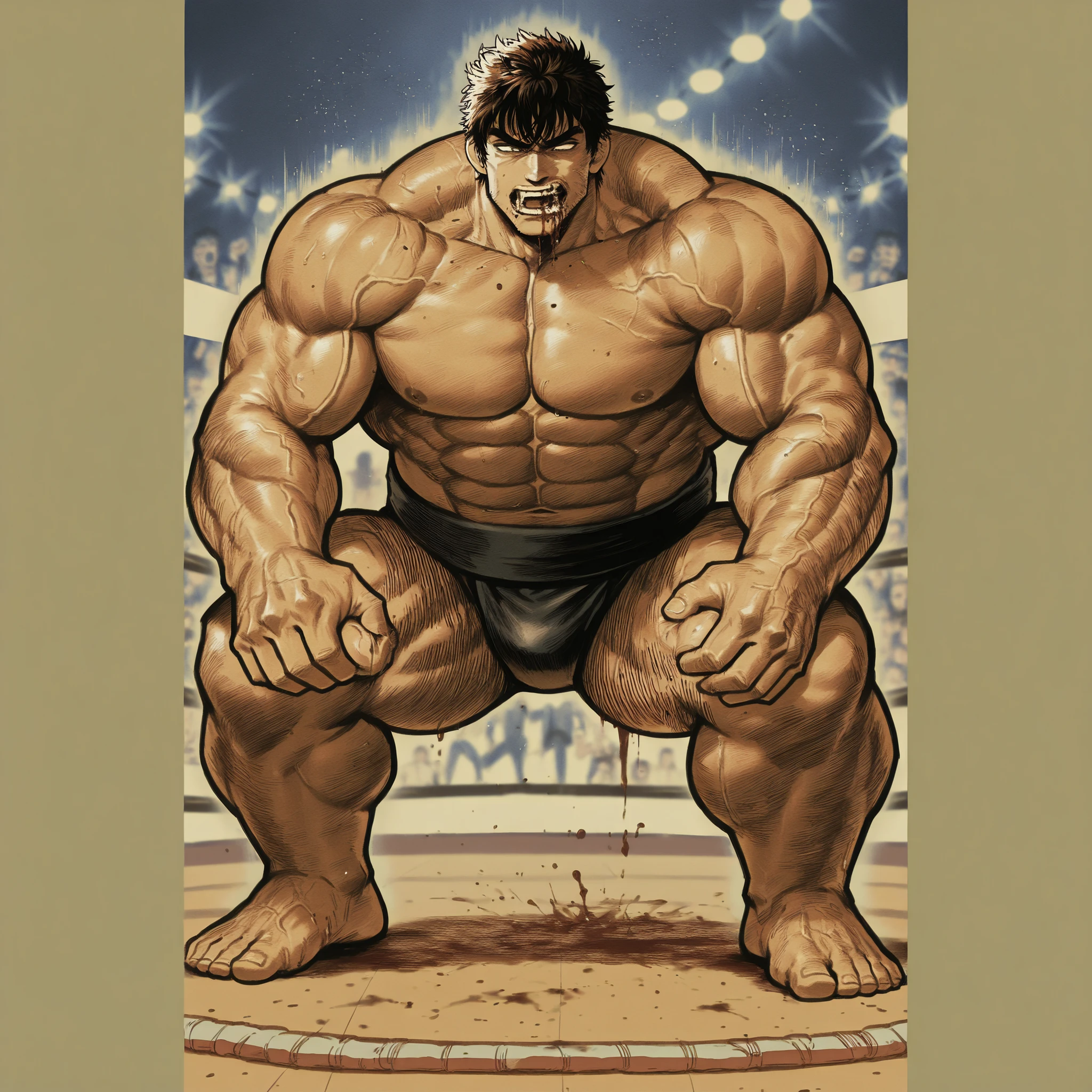 (highest quality:1.5), (masterpiece:1.5), (Professional Wrestling Venues:1.1), (Japanese:1.1), (middle messy hair:1.2), solo, macho, (huge body:1.2), 36 years old, Completely naked, having sex, insert, Are standing, (from below:1.4), expression of agony