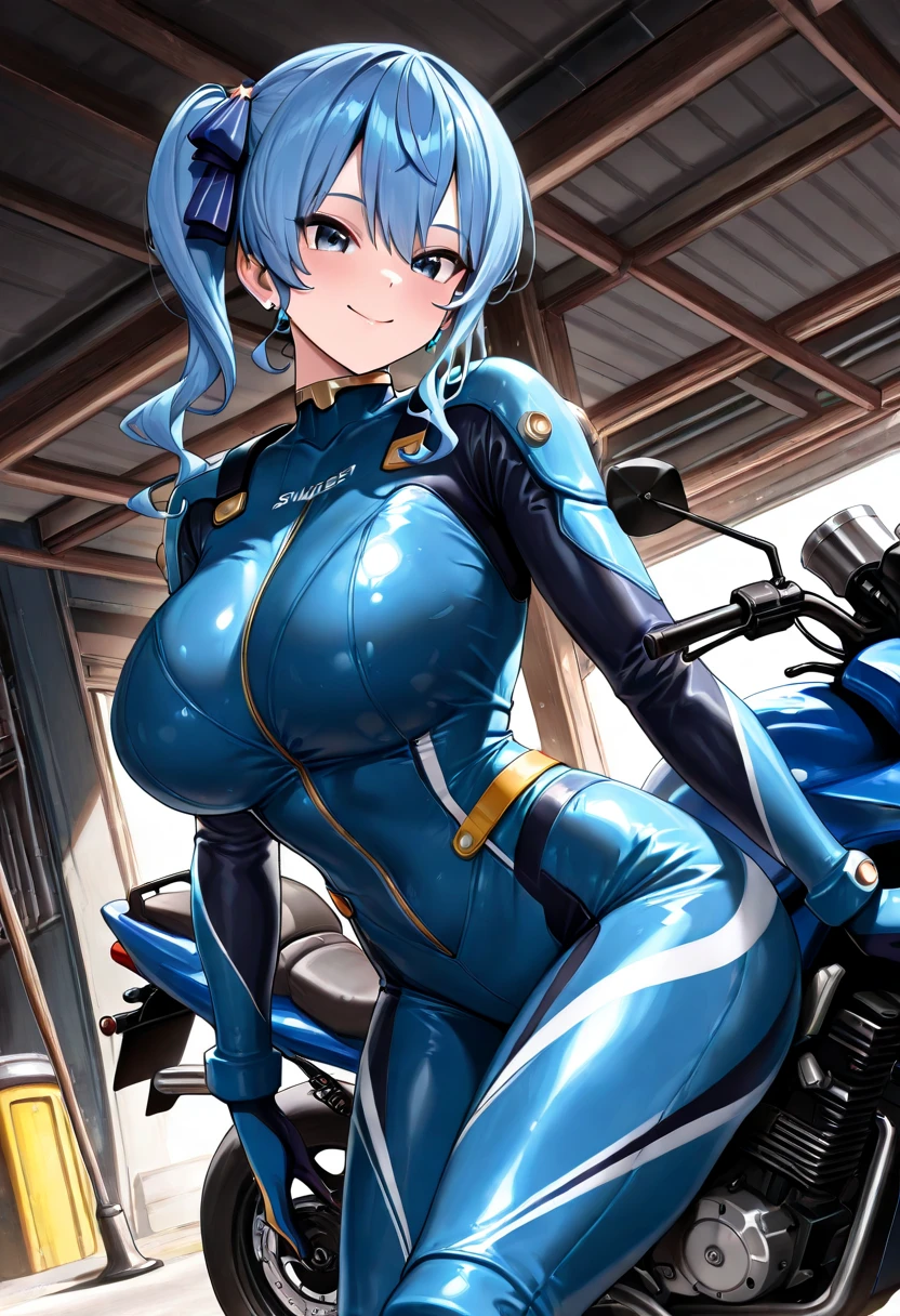 Beautiful face, blue eyes, light blue pony tail hair , braid, very big tits , wearing black tight látex suit, sunglasses, riding a ninja motorbike