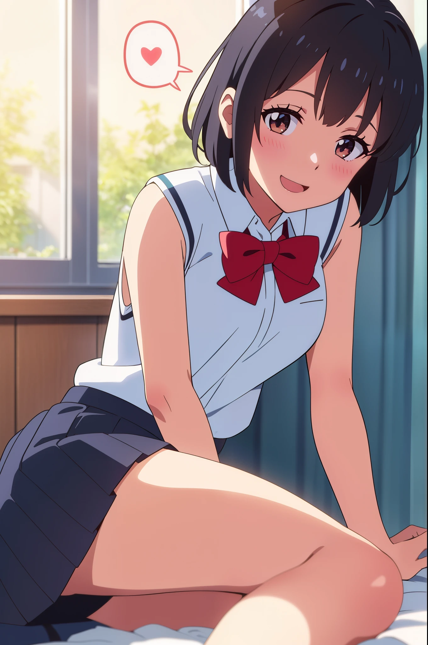 shinkai makoto, kimi no na wa., One girl, bangs, bed sheet, Open your mouth, Black Hair, A look of shame、B Cup、 Brown eyes, Red Bow, long hair、ponytail、Tie your hair with a red string、alone, Upper Body, White long sleeve shirt, Mid-chest, Cowboy Shot, Lie in, Medium chest, behind, Grey Skirt, Bedroom, Beautiful thighs、Showing nipples、Spread your legs、Show your vagina、Showing her raw ass、、Being pushed onto the bed、On all fours、Show me your raw ass、Skirt flip、Unbutton one's jacket、No bra