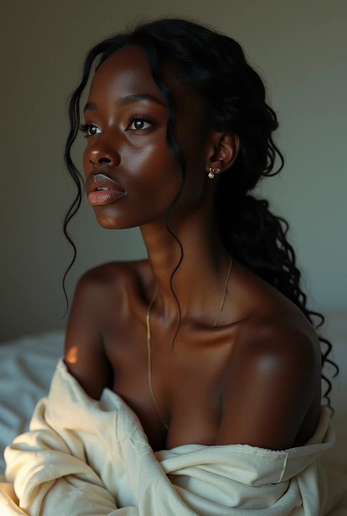 ((18 year old black girl)) (bust photo, close-up)(completely naked) good shape (slender and strong body) (slender body), (black curly hair) ((dark hair))) ((dark skin) ) (serious expression) ((black eyes)), African face, long hair, tall girl, big eyes, bigger head, long curly hair, medium breasts. beautiful