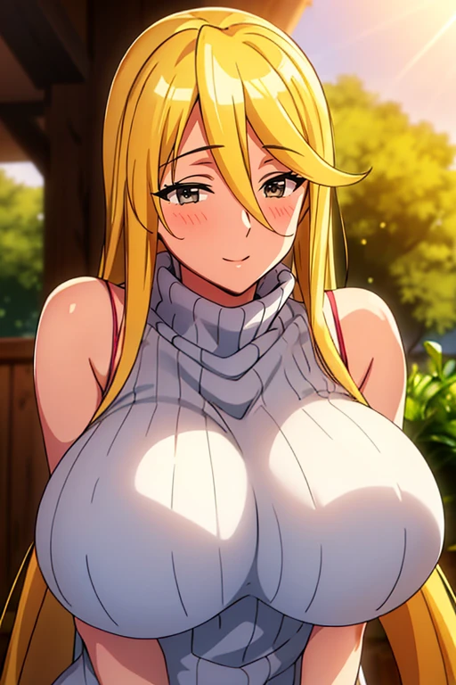 score_9, score_8_up, score_7_up, source_anime, rating_explicit, uncensored, anime screencap, POV, 1ugly man, paizuri under clothes, breast squeeze, BREAK, shizukamarikawa, shizuka marikawa, huge breasts, long hair, blonde hair, very long hair, low-tied long hair, yellow eyes, hair between eyes, blue competition swimsuit, blush, embarrassed, smile, school, looking at viewer