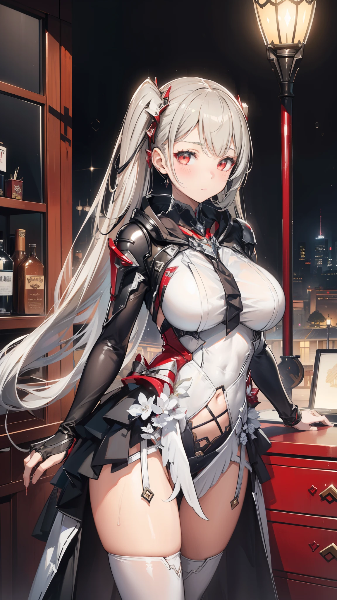 Silver and long hair、Red eyes、woman、美しいwoman、Large Breasts、White Machine Skin、The whole body of the machine、Mechanical joints、A mechanical body made entirely of red and white、sword、Red Chinese dress