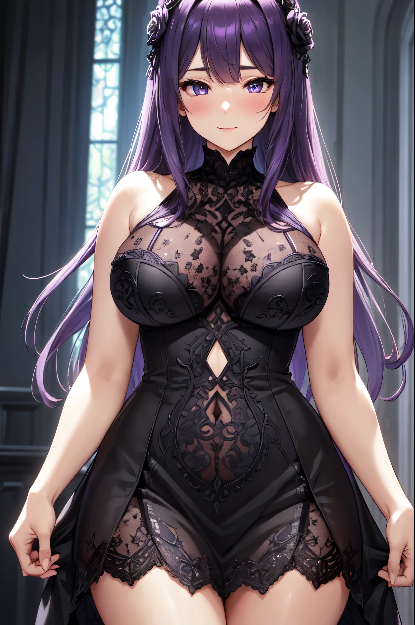 A girl with very long straight purple hair and purple eyes with tan skin and full breasts standing straight facing the viewer who is wearing a gothic dress, perfect,