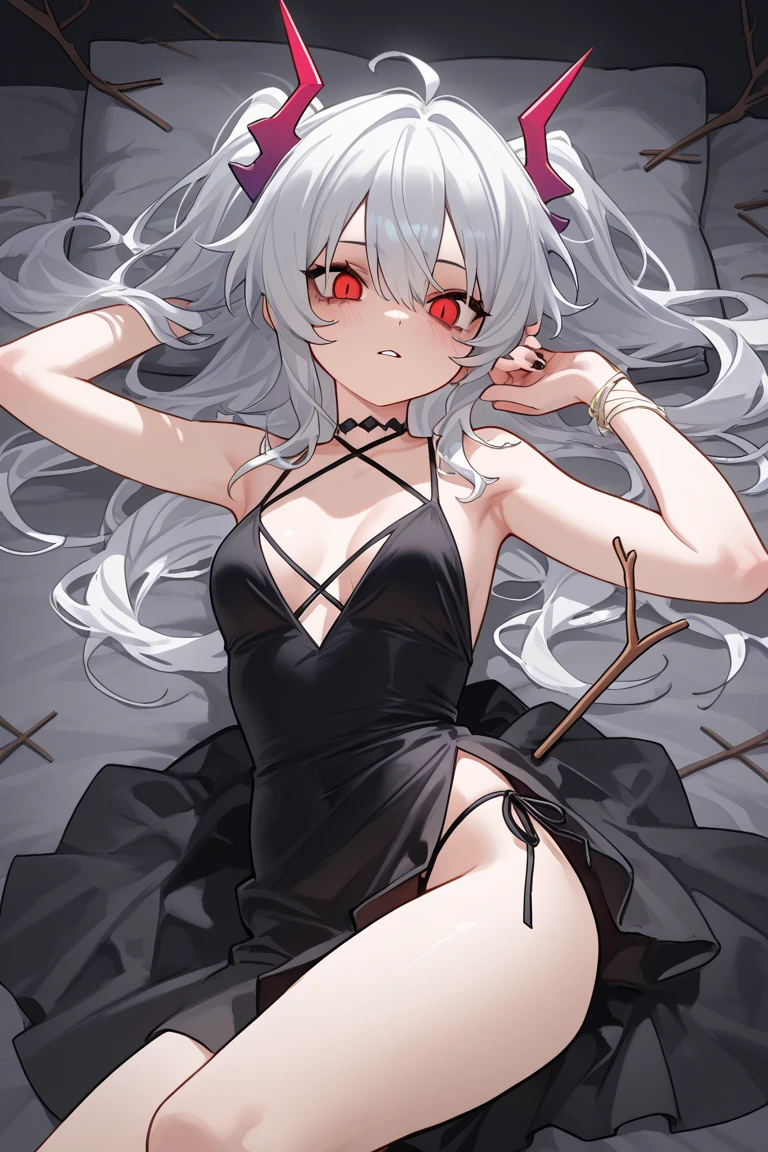 masterpiece, extra limbs,(1vampire child),light silver extremely long hair, slant eyes blank red eyes, flat chest small nipples small areolas,pale white skin athlete skinny body,sullen,spread legs, sitthing,(((clothed micro mini dress))),sitting on bed,Haunted Castle,midnight
