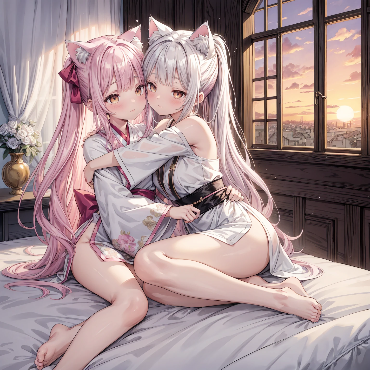 ((best quality, Masterpiece, Complete anatomy, Detailed pictures)), long haired, 1 woman, ferret arctic, sexy, long white hair, ponytail, gray eyes, White eyes, ferret tail, naked, red red, shy, in the cherry tree, have sex, Having sex between men and women,