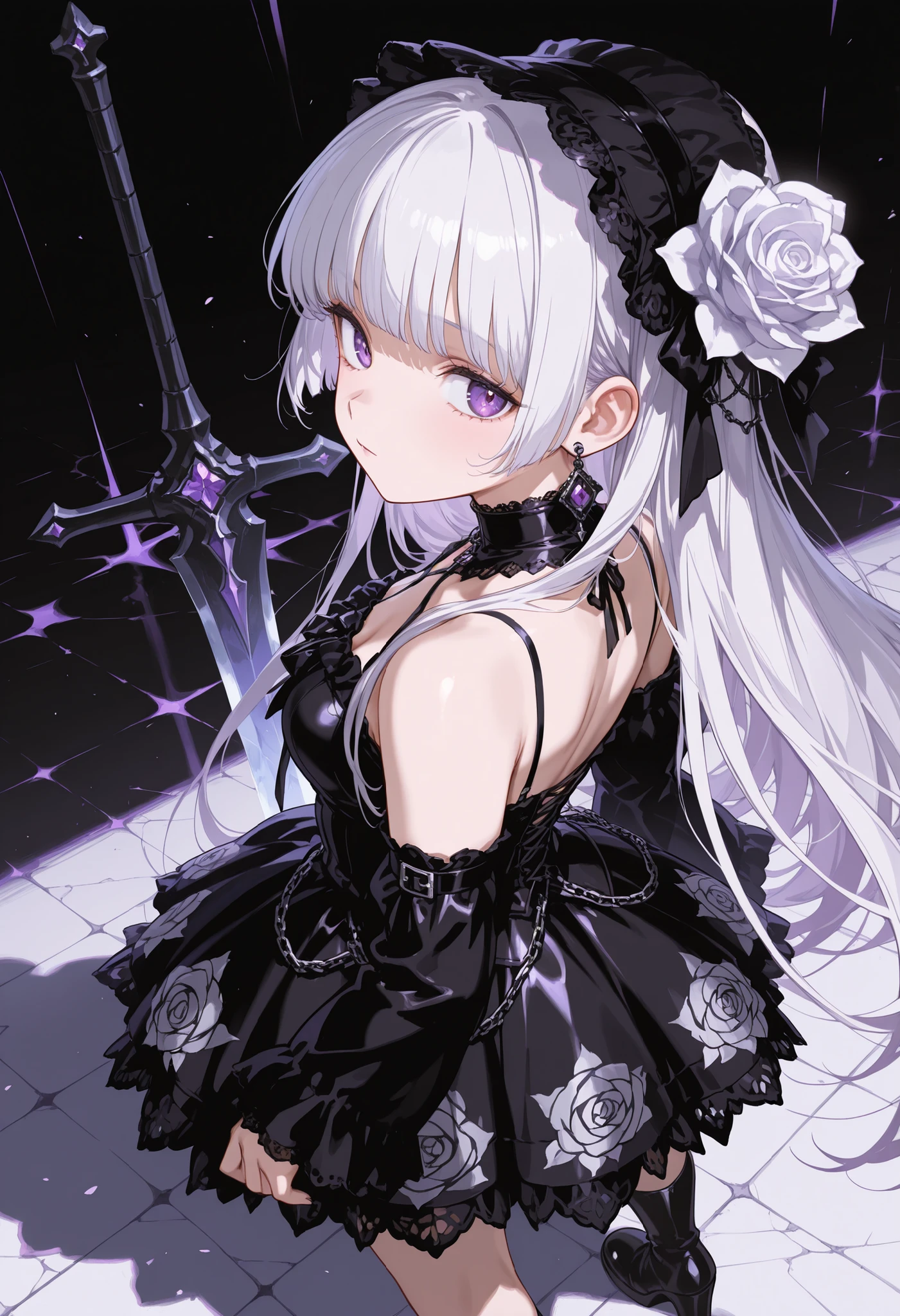 1 girl, , standing, segmented blade, Fair skin, Cropped White Lace Gothic Top, earrings, Beautifully detailed purple eye, Long Thick White Hair, princess cut,Looking back at the viewer, Thighs, Leather Mesh Gothic White Rose Print Skirt, Long Glamorous Boots, in their 40s (Absard Dress, detailed, Highest Quality, masterpiece, very aesthetic:0.3) perspective, Dutch angle, from above, black background
