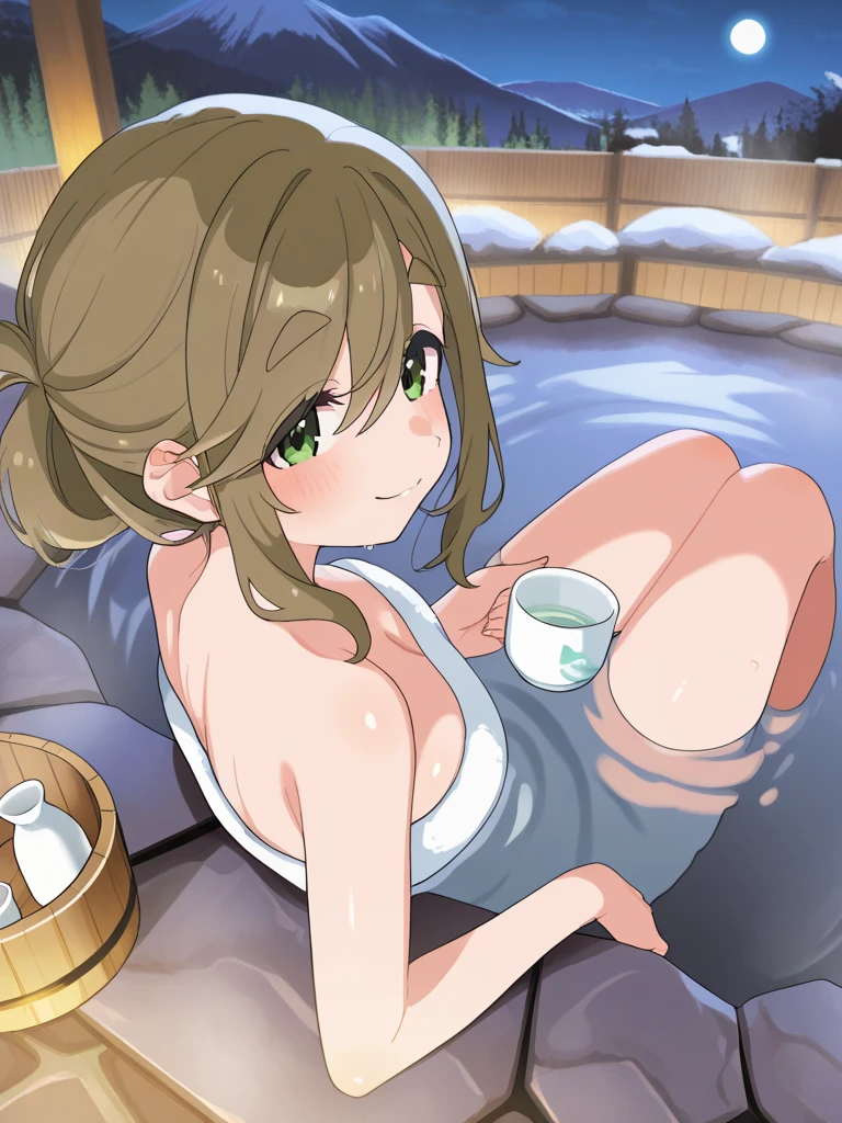 ((masterpiece, Highest quality, High resolution, 超High resolution, Pixel perfect, Written boundary depth, 4K, RTTX 10.0, High resolution))), 1 girl, single, alone, Beautiful Anime Girls, Beautiful art style, Anime characters, ((Shortcuts, bangs, Dark brown hair)), ((Green Eyes:1.4, Round eyes, Beautiful eyelashes, current eyes)), ((Smooth texture:0.75, Anime CG style)), ((Dynamic Angle, close)), Perfect body, (pretty girl), Normal chest, whole body, ((4K, 8k, Highest quality, Perfect Fingers: 1.3, Perfect Anatomy: 1.3, Background Blur)), whole bodyアングル, sauna, Sweat, Painful expression,