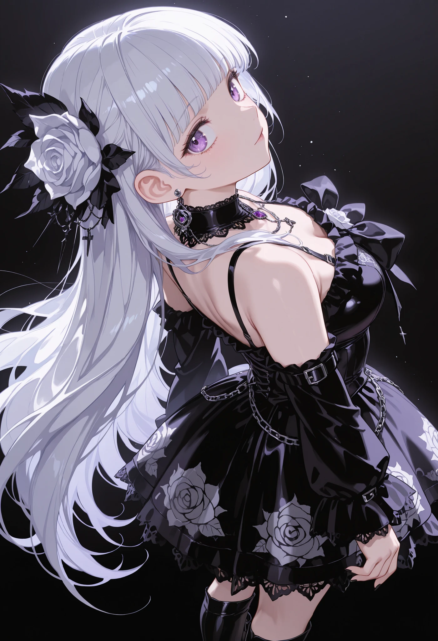  1 girl, , standing, segmented blade, Fair skin, Cropped White Lace Gothic Top,  earrings, Beautifully detailed purple eye, Long Thick White Hair, princess cut,Looking back at the viewer, Thighs, Leather Mesh Gothic White Rose Print Skirt, Long Glamorous Boots, in their 40s (Absard Dress, detailed, Highest Quality, masterpiece, very aesthetic:0.3) perspective, Side Angle, from above, black background