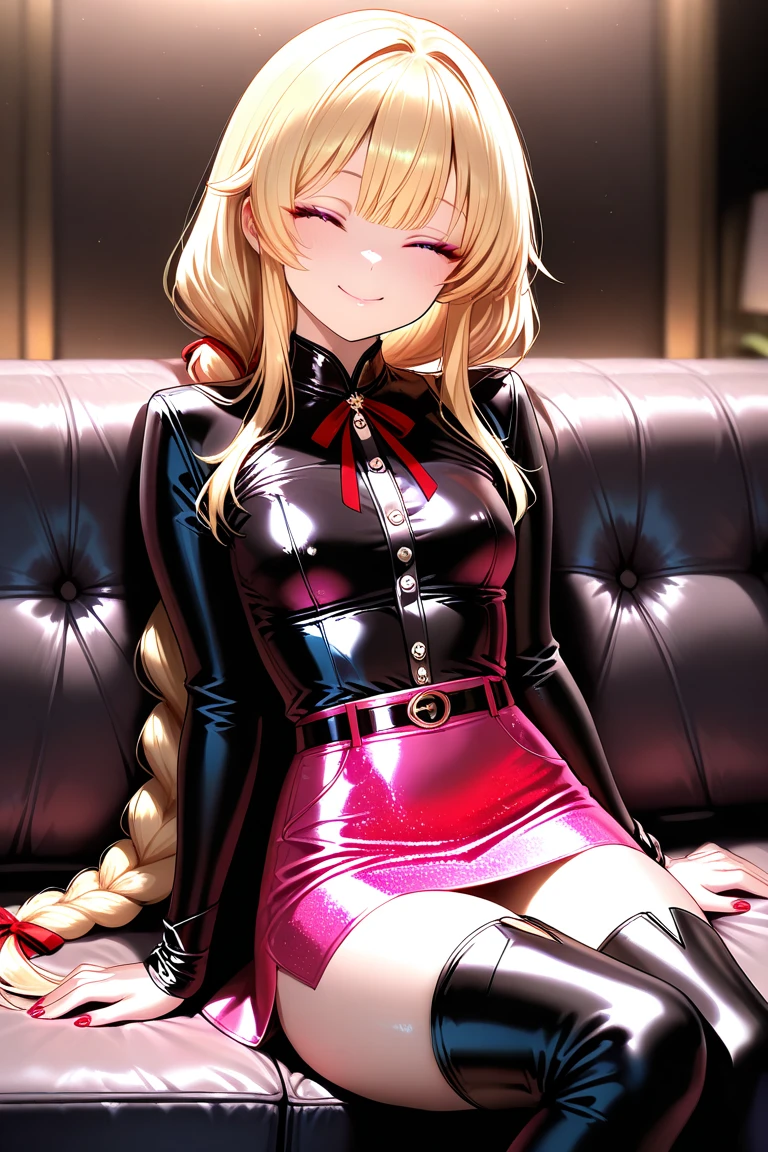 massive , big ass, juicy lips, big lips, massive lashes, blonde wavy hair, green eyes, pink bow, in a room, glasses, big platform boots, black boots, sitting on bed, samdoesart style