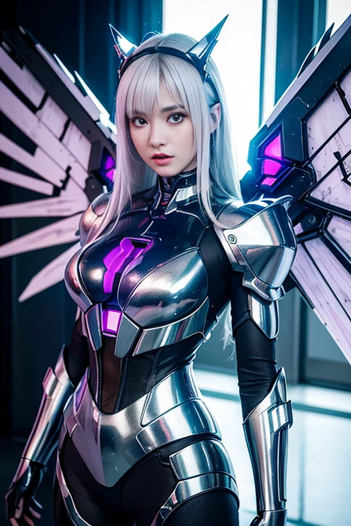 top-quality、masterpiece、超A high resolution、(Photorealsitic:1.4)、Raw photo、Battle Cyborg Angel、large wings made of metal、White porcelain body、Acrylic Clear Cover、white hair、glowy skin、1 Cyborg Girl、((super realistic details))、portlate、globalillumination、Shadow、octan render、8K、ultrasharp、character edge light,Colossal tits、Raw skin is exposed in cleavage、Details of complex ornaments、Double Zeta Gundam Details、Hydraulic cylinder、Small LED lamp、highly intricate detail、Realistic light、a purple eye、radiant eyes、Facing the camera、neon details、cowboy shot、Futuristic headgear、About Cyberpunk、、
