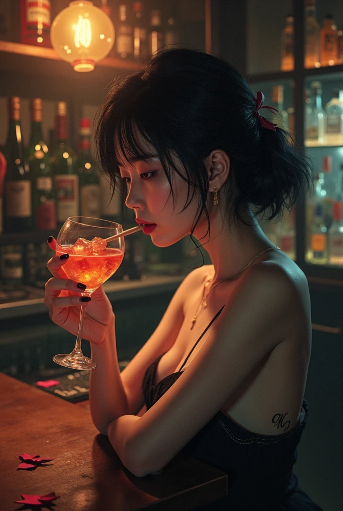 Taisho Romance obert johnson, gritty, alabama bar, blue note, charismatic , leopard skin dress, illustration, noir fantasy, lone lady, sad ending, japanese kimono woman pianist blues bluesmusic blues bar sad feeling dark moonlight usa america south blues bar