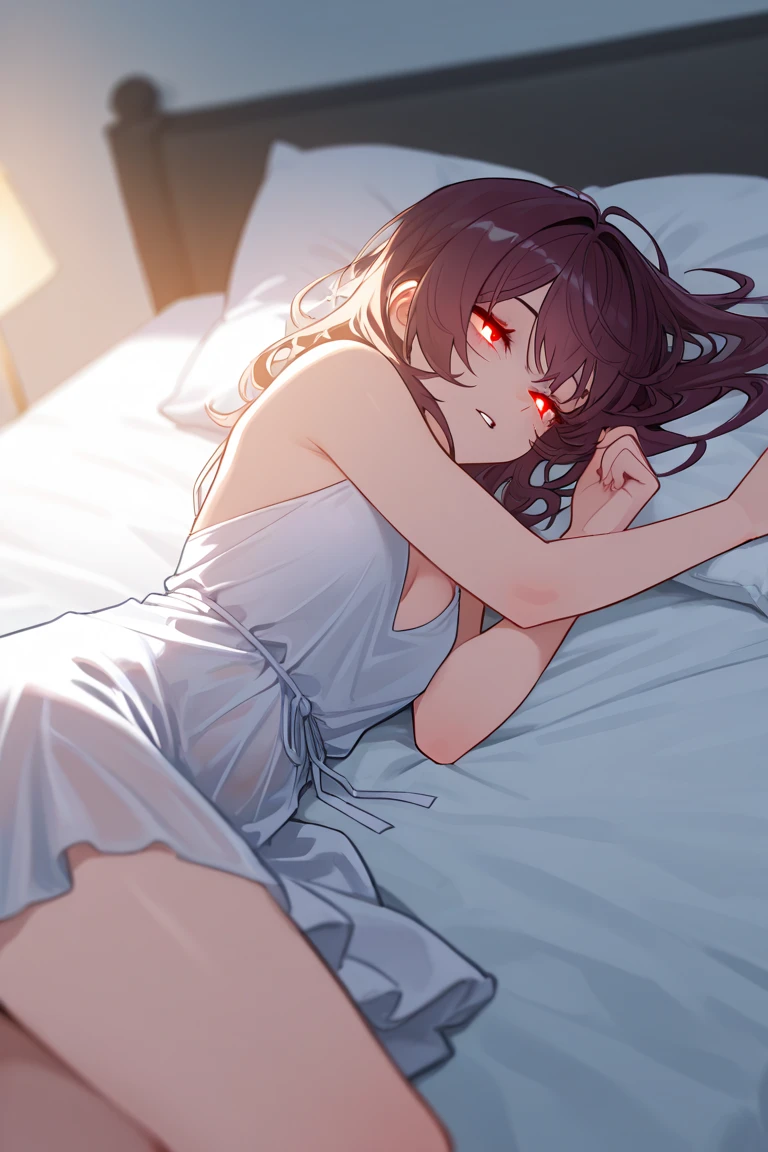 One , (Sexy underwear)、(Red inner color hairstyle), Beautiful Hair, Facial Contour, Remember, ,Hotel, splash, Lens flare, noon, bright, Natural Color, High resolution, Very delicate, Very detailed, 8k,Lying in bed、Just a slight swelling of the chest、Shyness、Angle from below,((Sexual))