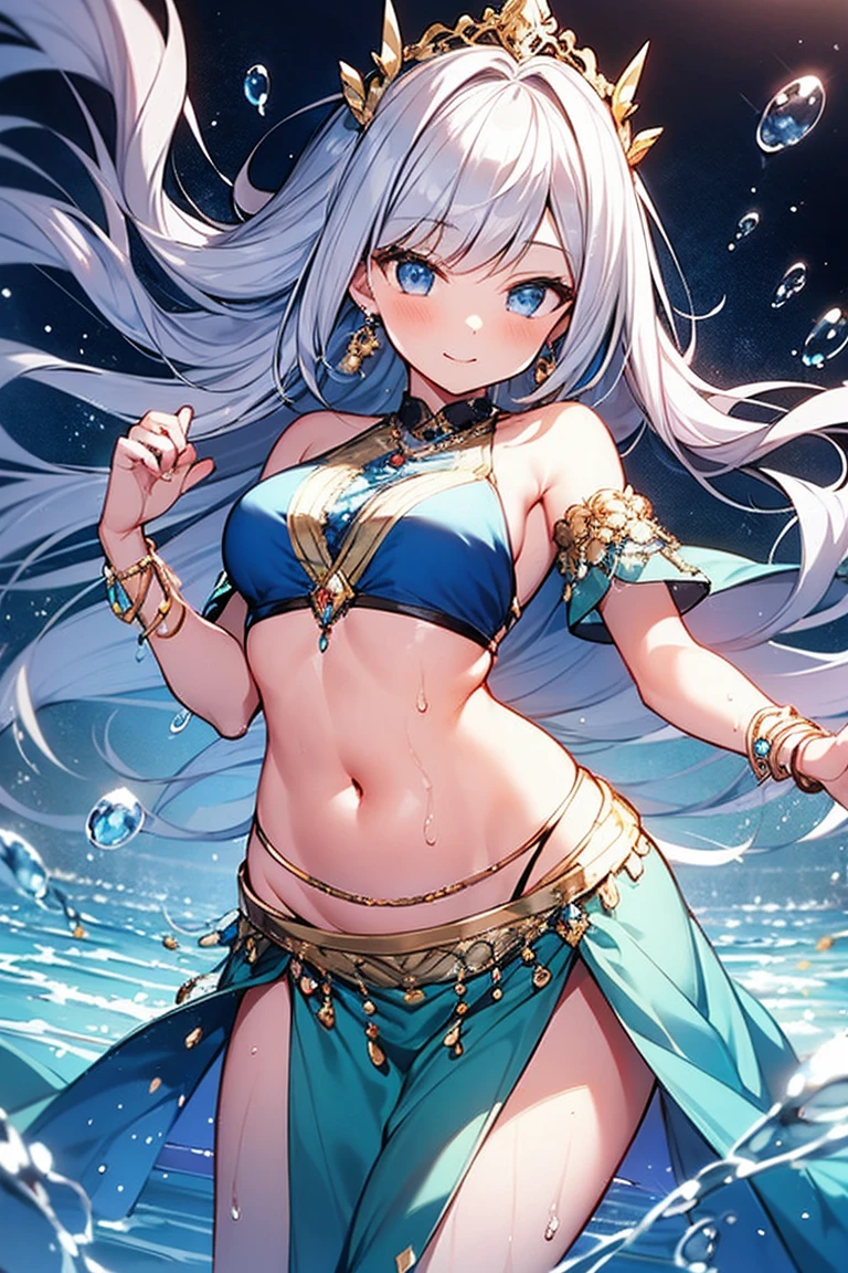 Mulher bonita, Cabelo loiro ao vento, olhos azuis brilhantes, Realista, obra de arte, altamente detalhado, 4k, fundo de praia, altamente detalhado light, pequeno sorriso, Pele branca, pose de luta, preparada para lutar
