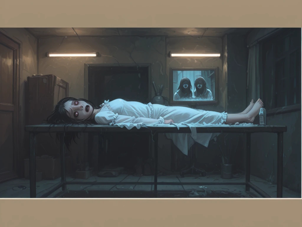 (masterpiece), best quality, expressive eyes, perfect face,beautiful scary tall slender girl,white skin,big breasts,big dirty wet white dress,long black hair covers her eyes,hair in front of her eyes,in the house,at night,comes out of the TV screen,TV,white noise,The girl crawls out of the TV onto the floor,Wet,TV from behind,girl crawling on the floor,score_8_up,score_9,HORROR,It's very dark around, the girl is barefoot