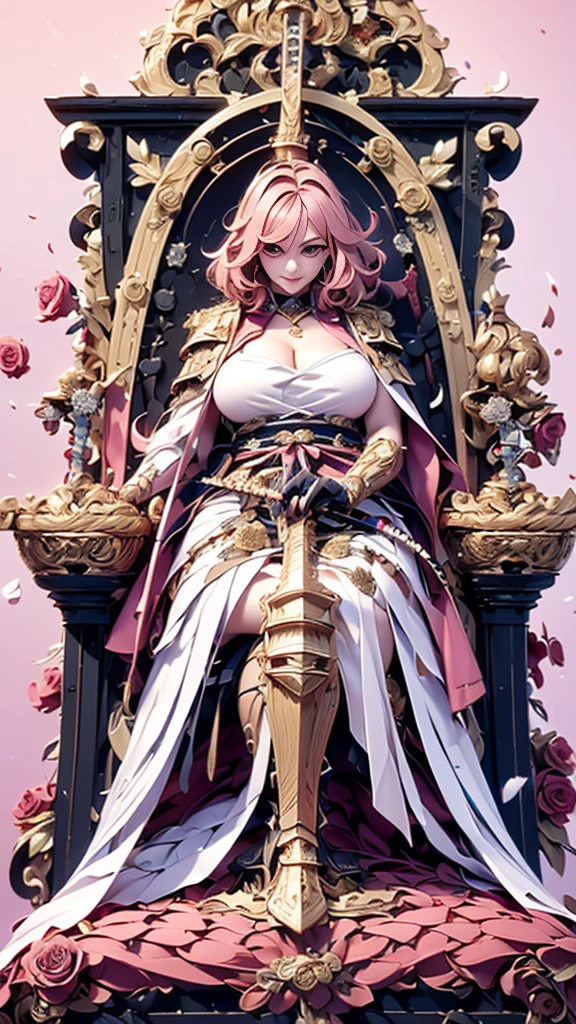 1 confident woman with floor-length pink hair, huge and big breasts, Futuristic royal costume in white with black and gold details, tall woman, blue detailed eyes, sitting on the throne of skulls , judgmental look, golden metal skulls, sovereign pose, cyberpunk queen
