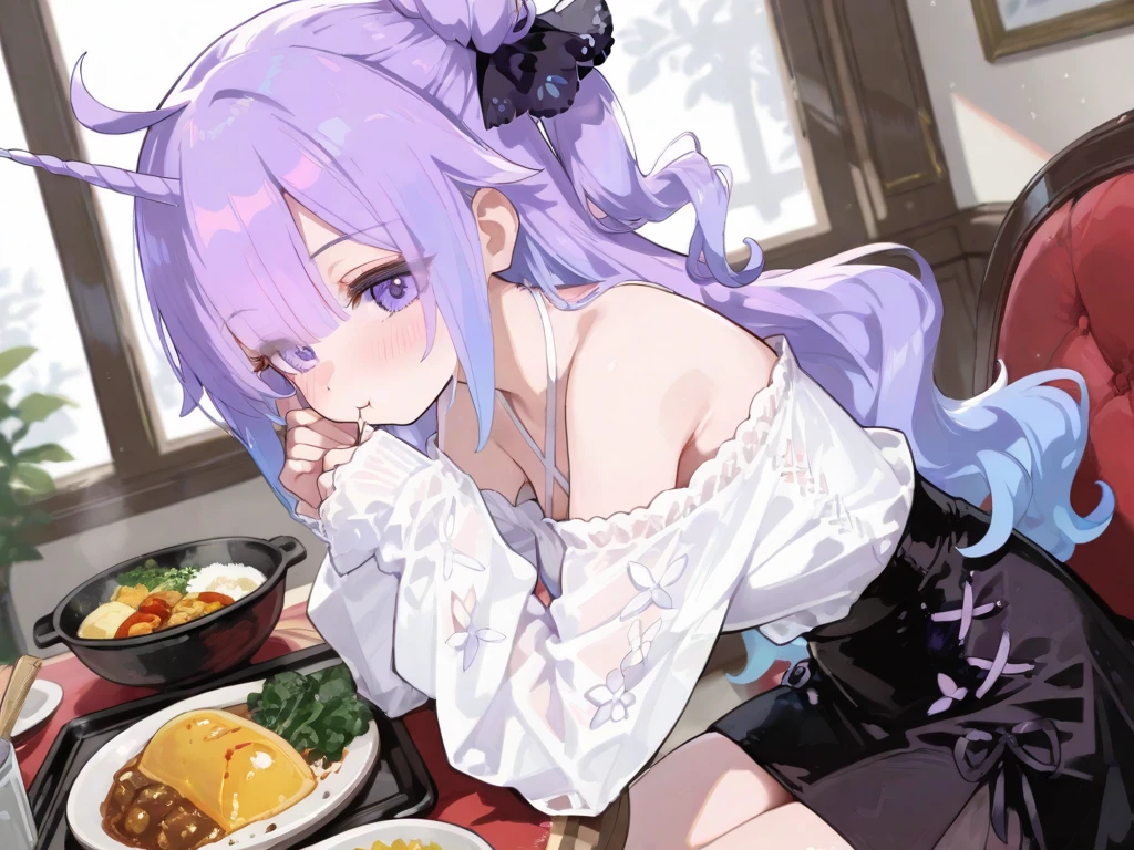 and_two\(Azur Lane\),purple_eye,purple_twor, purple_eye,Ahoge, tworband, Side ties_panties, single_Thigh length, Cowboy Shot,China_dress,Sitting, indoor,Food on the table,dumpling, steamed stuffed bun, From behind, From above, teeth,View your viewers, eat,, masterpiece, Highest quality, Highly detailed face, Sharp details, High Contrast,